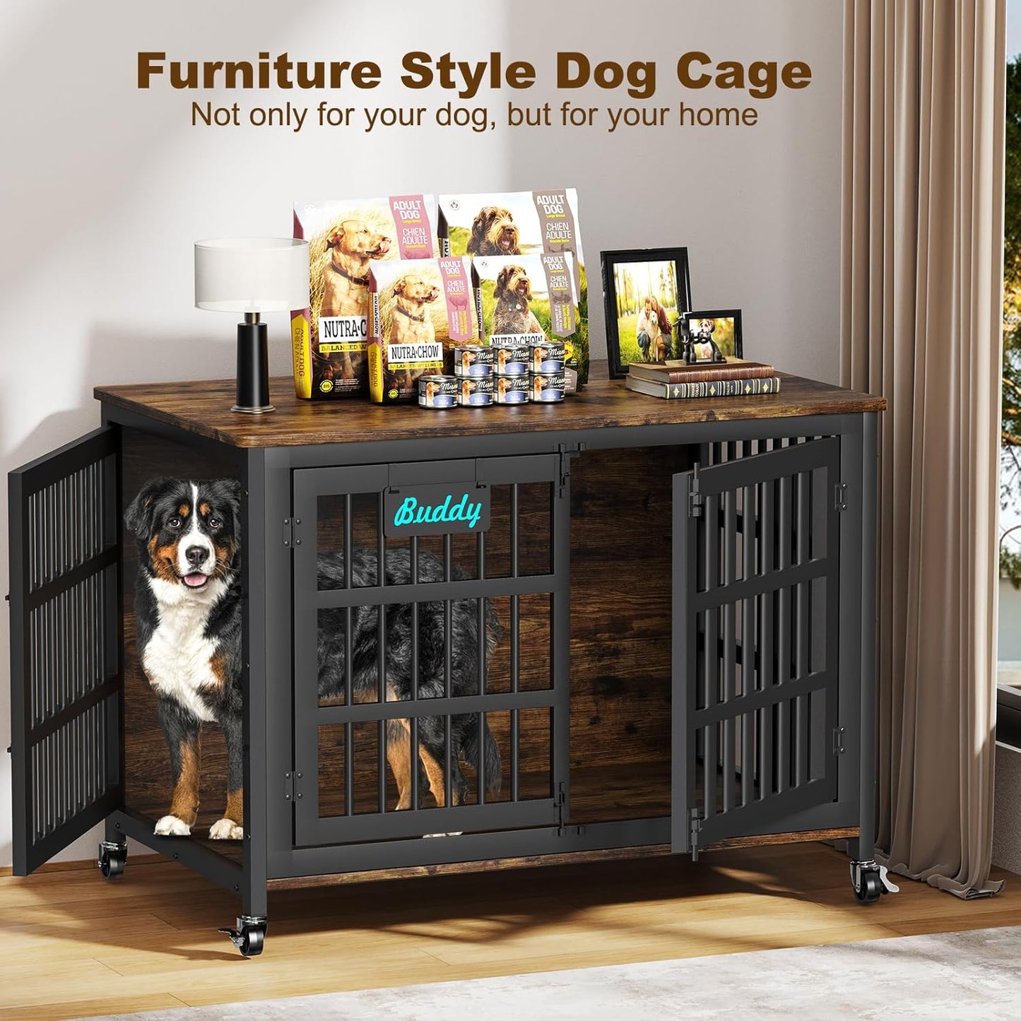 EasyCom 48"/42"/33" Dog Crate Furniture with Name Tag, Heavy Duty Dog Kennel Indoor for Large Dogs, Escape-Proof and Chew-Proof Dog Cage for high Anxiety Dog, Decorate House as TV Stand, End Table