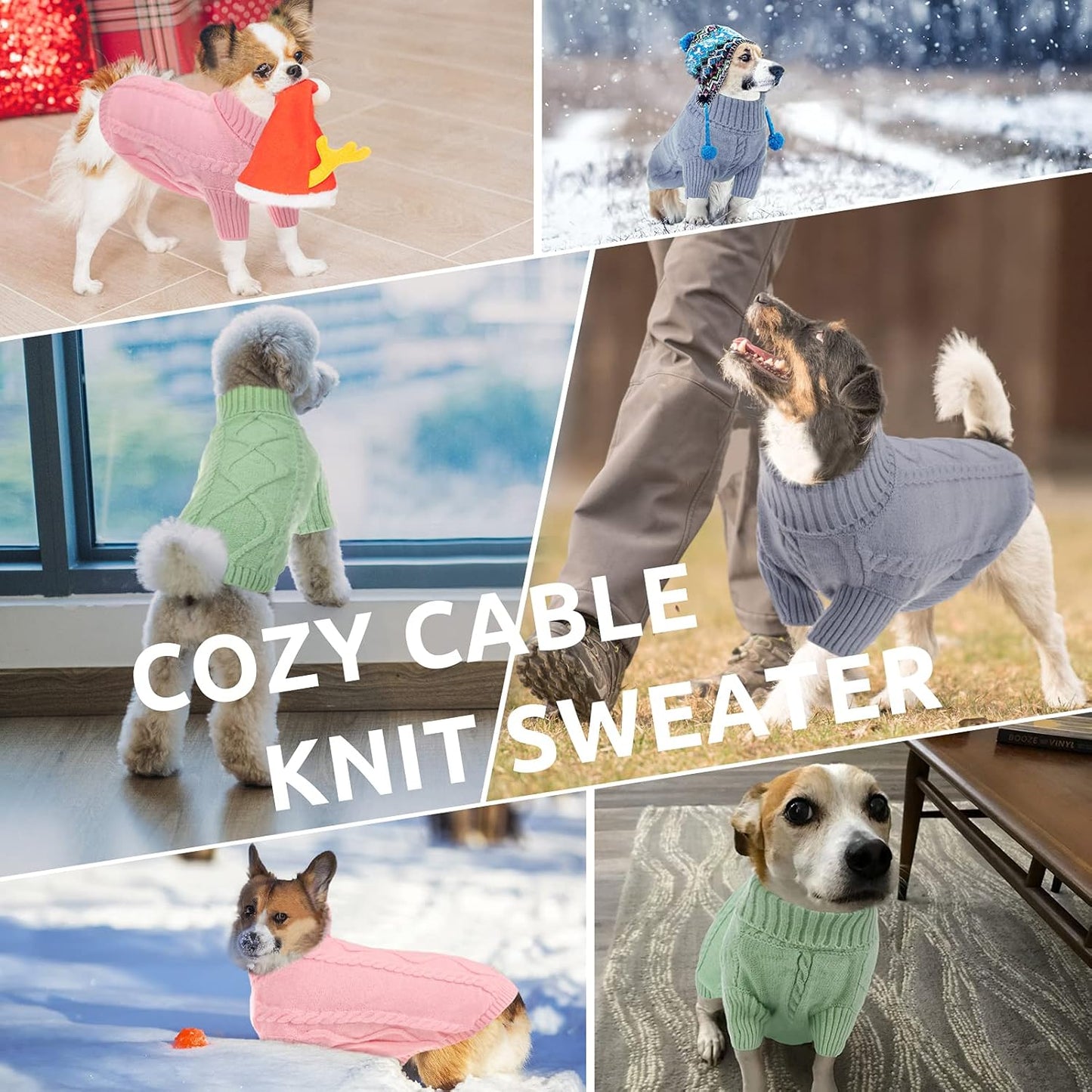 Queenmore Small Dog Pullover Sweater, Cold Weather Cable Knitwear, Classic Turtleneck Thick Warm Clothes for Chihuahua, Bulldog, Dachshund, Pug, Yorkie (Grey, X-Small)
