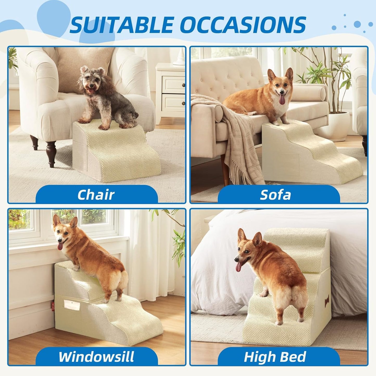 Dog Stairs 3-Step for Small Dogs and Cats to Get on Bed and Furniture/Windows, Pets Can Climb, Sit, or Perch to Look Out Windows, Extra Wide Dog Steps, Non-Slip Waterproof Fabric Cover, Beige（15.7" H）