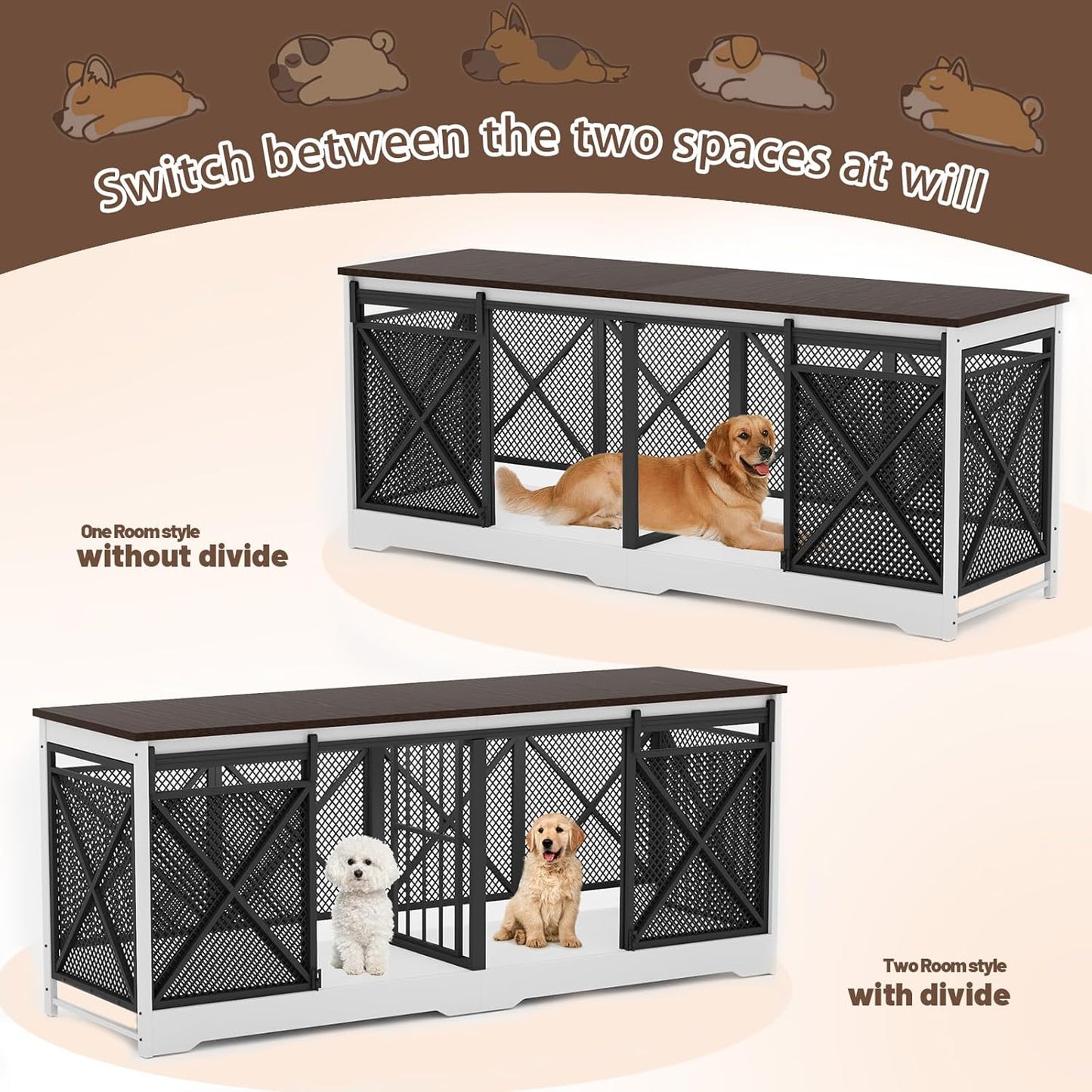 COZPAW 78 Inch Double Dog Crate Furniture, Extra Large Dog Kennel Indoor for Medium Large 2 Dogs, Heavy Duty Dog Cage Chew-Resistant Steel and Wooden Pet House with Removable Divider (White Brown)