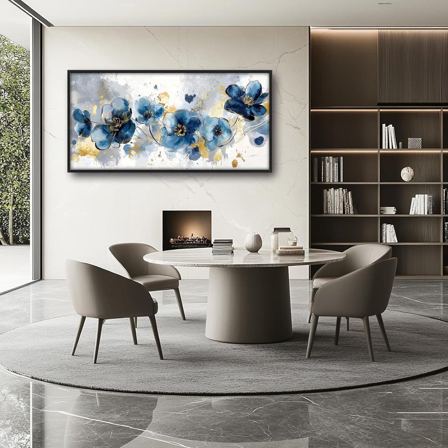 Extra Large Framed Abstract Blue Flower Wall Art,Oversized Golden Grey Floral Wall Decor Pictures for Living Room,Canvas Print Painting Modern Artwork Bedroom Office Bathroom Home Decor 60L" x 30W"