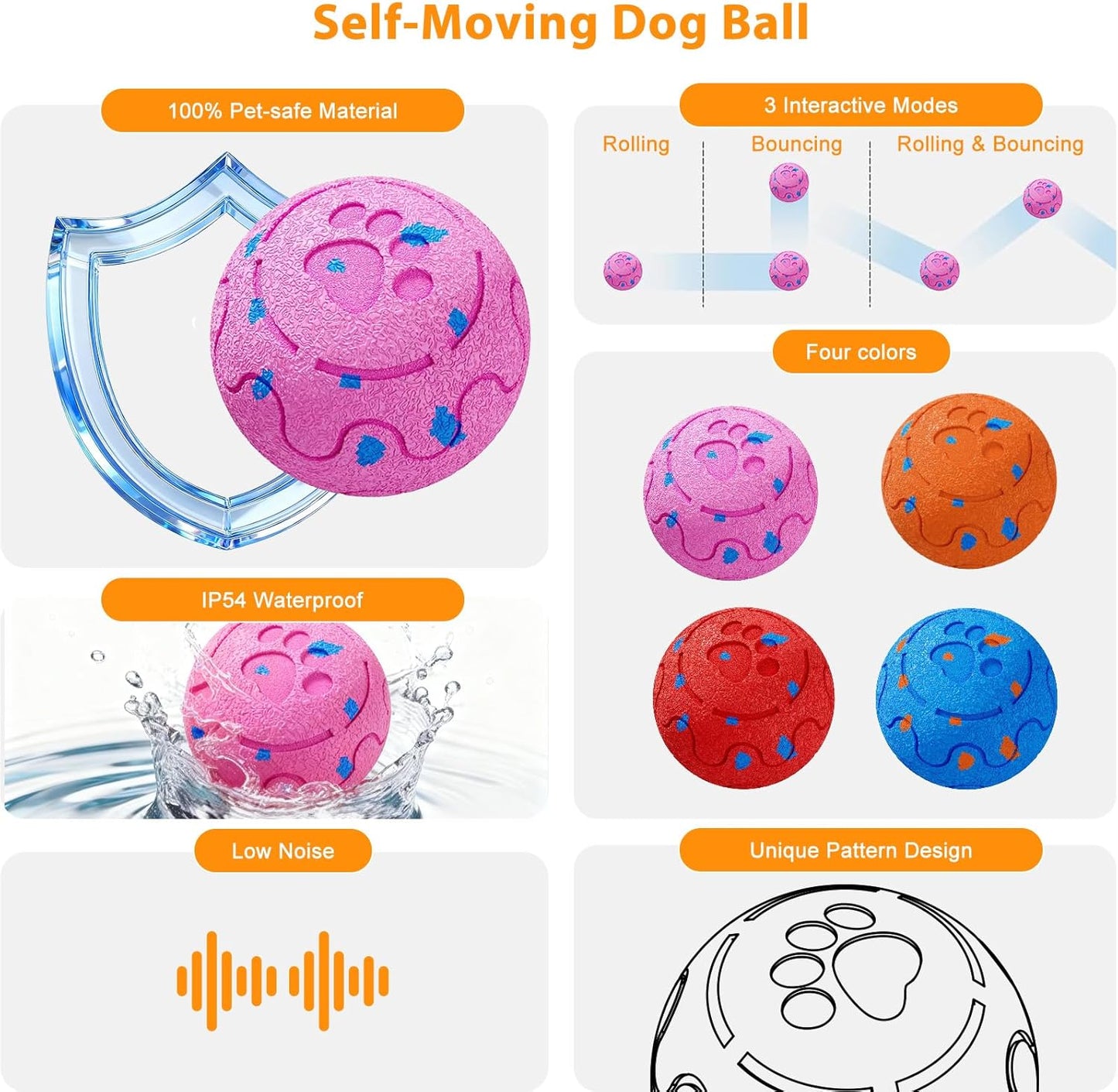 Dog Balls: Interactive Dog Ball, Self-Moving Dog Toy with Auto-Rolling & Bouncing, E-TPU Material, IP54 Waterproof, Motion-Activated, for Small/Medium/Large Dogs (Pink)