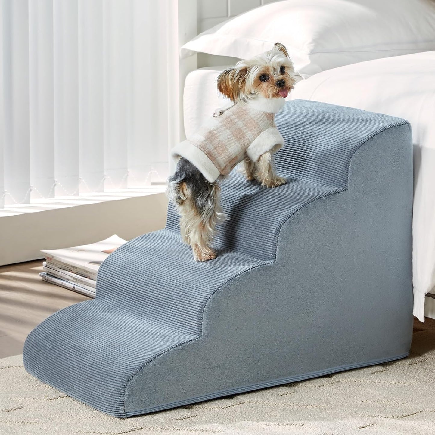 Dog Steps for Bed, 4-Steps Dog Ramp for Bed, Pet Stairs with Highly Supportive Foam and Non-Slip Bottom, Dog Stairs for Large Dogs and Medium Dogs (High 19.7 Inch), Grey
