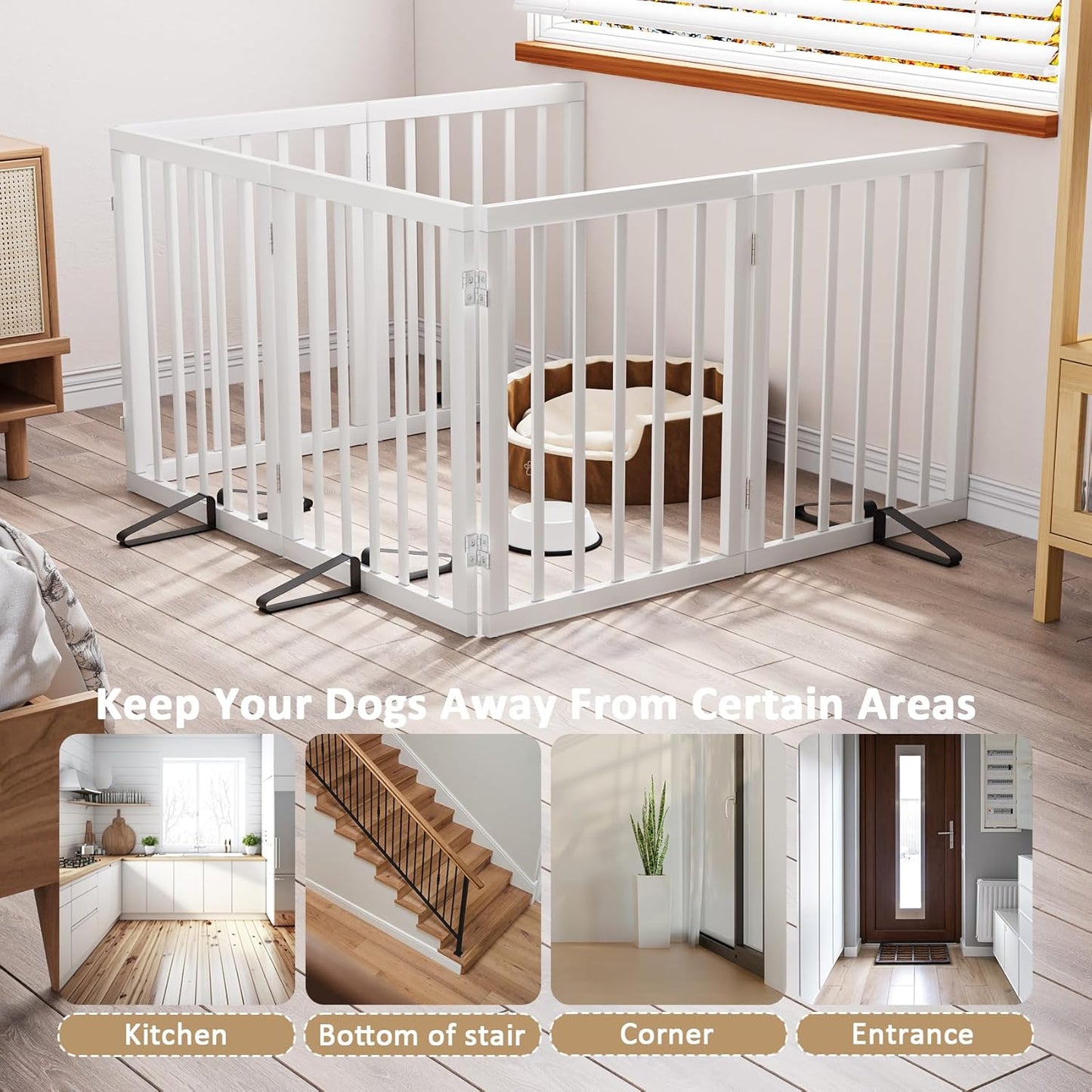 Wooden Dog Gate Freestanding Foldable 6 Panel Pet Gates Extra Wide Dog Gates for Indoor Doorways Stairs 24in Height Support Feet Included