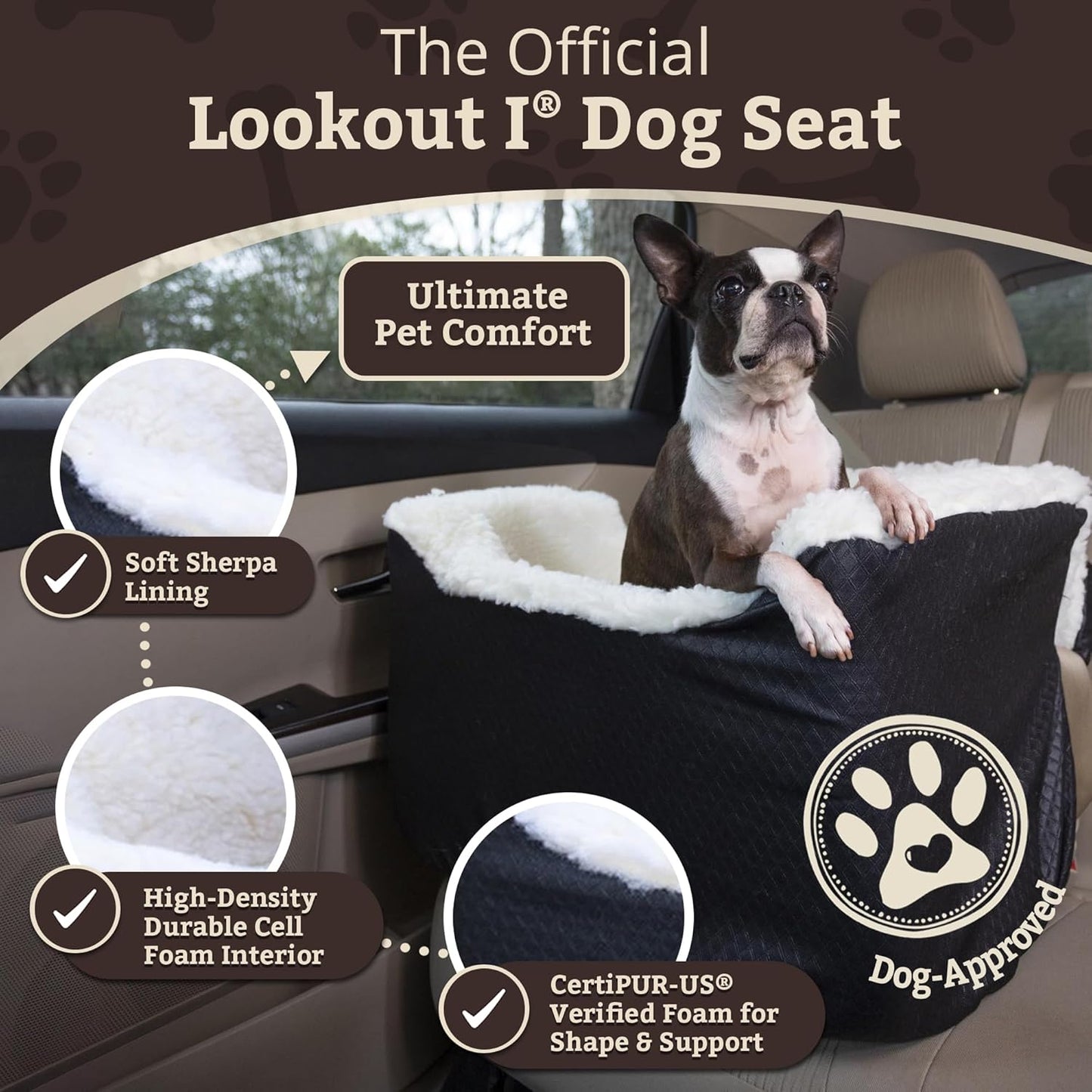 Snoozer Lookout I Car Seat - Dog Car Seats for Small Dogs, Puppy Booster Bed for Small & Medium Sized Pets Up to 25 Lbs, Elevated, Washable - Medium, Black Diamond
