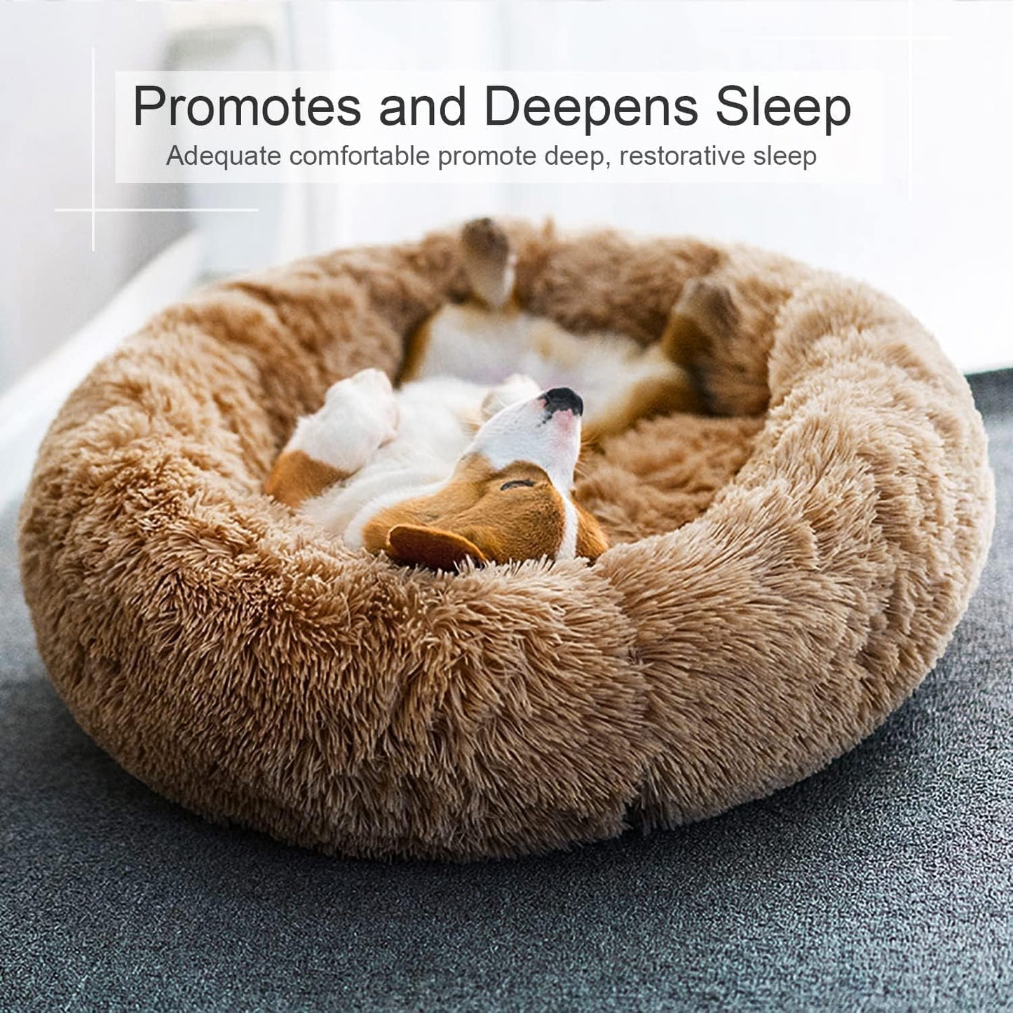 Dog Bed, Cat Calming Bed, Faux Fur Pillow Pet Donut Cuddler Round Plush Bed for Large Medium Small Dogs and Cats (44"x44"(Pack of 1), Camel)