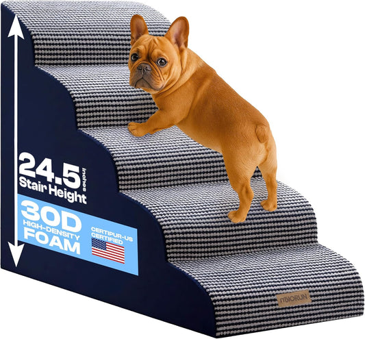 Curved Dog Stairs for High Bed Up to 26", 5-Step Dog Ramp for Small Dogs with Washable Cover, Non-Slip Steps for Cats to Get on Couch and Sofa, Durable Foam Ladder for Medium Breeds, White Navy