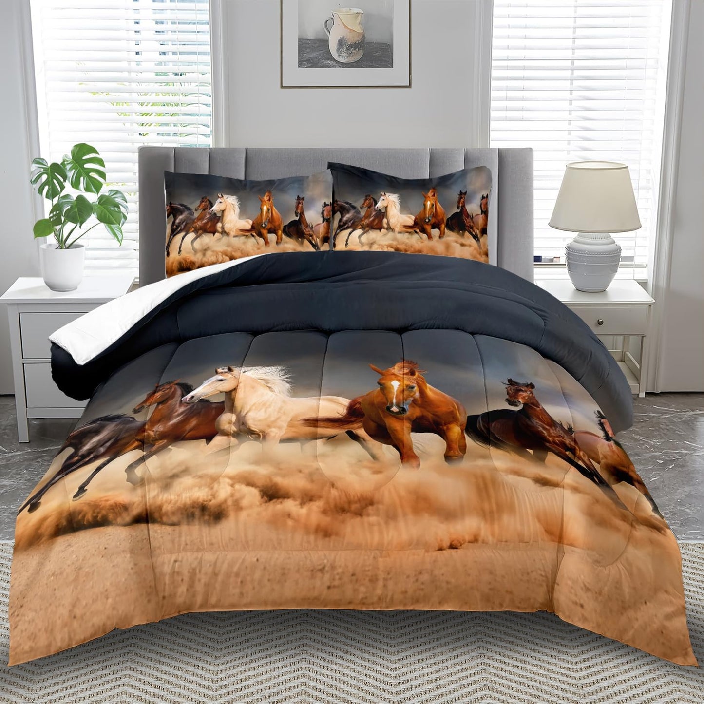 Western Horse Comforter Set Queen for Boys,Brown Western Cowboy Bedding Sets Queen Size, Farm Style Animal Horse Quilt for Boys, Southwestern Farmhouse Home Cowgirl Comforter Bedroom Decor