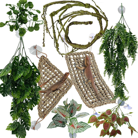 Reptile Plants for Bearded Dragon Tank Accessories, Terrarium Plant Artificial Decor for Snake Cage, Fake Plant for Leopard Gecko Habitat, Lizard Chameleon Ball Pythons (Group GN)