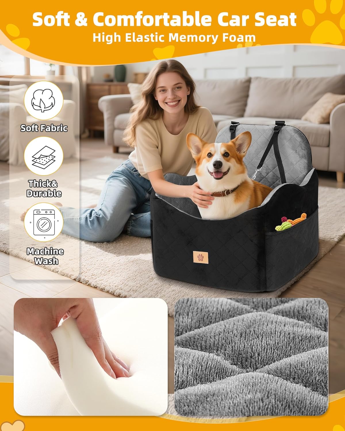 Car Seat Booster for Dog: High-Support Memory Foam Pet Car Seat for Small/Medium Dogs Under 35lbs with Elevated Cushion, Pockets - Detachable Washable Puppy Travel Bed for Driving(Black/Grey)