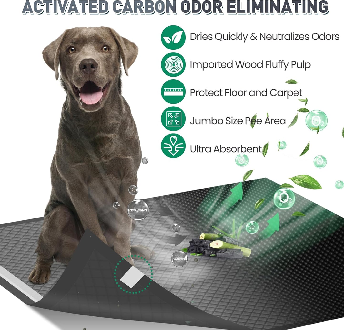 Boscute Odor-Control Super Absorbency Charcoal Puppy Pads, XXL 30"x36" Leak-Proof Pet Training Pee Pads with Adhesive Sticky Tape, Disposable Potty Pads for Dogs Cats Macaw, Black