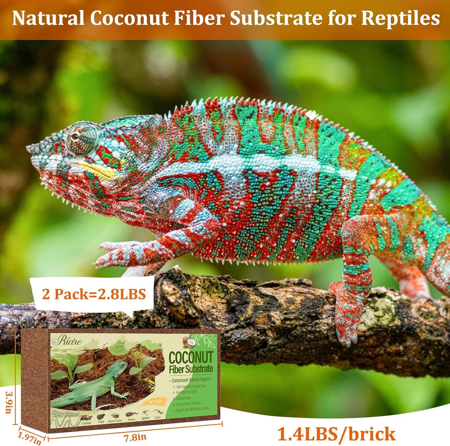 Riare 2 Pack Natural Coconut Fiber Substrate for Reptile- Premium Compressed Coconut Husk Terrarium Bedding for Reptile, Tortoise, Frogs, Snakes Hermit Crabs, Burrowing Animals