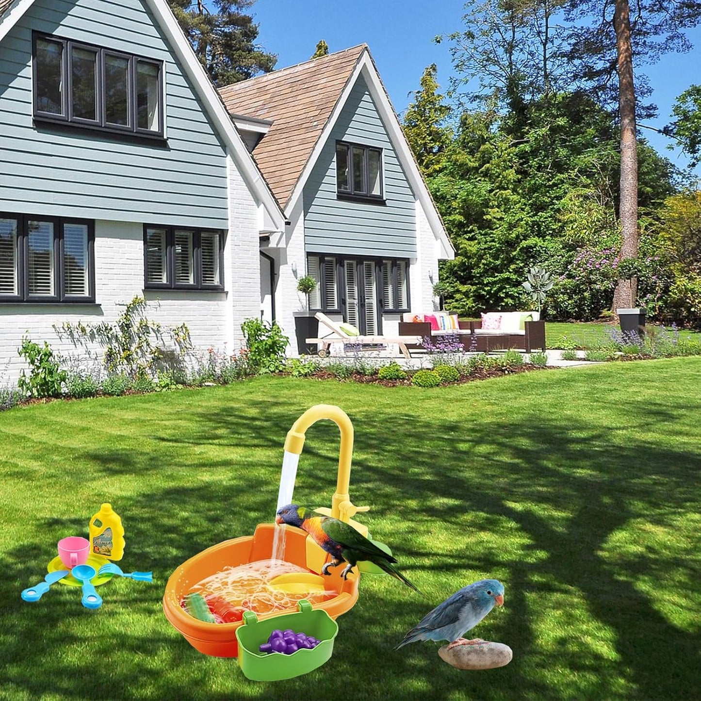 Parrot Bath Shower, Bird Bath for Cage, Automatic Bird Bathtub Pet Bath Pool with Faucet, Bird Fountain Swimming Pool Toy Bath Shower Water Dispenser for Ferret, Love Bird, Goldfinch (Orange)