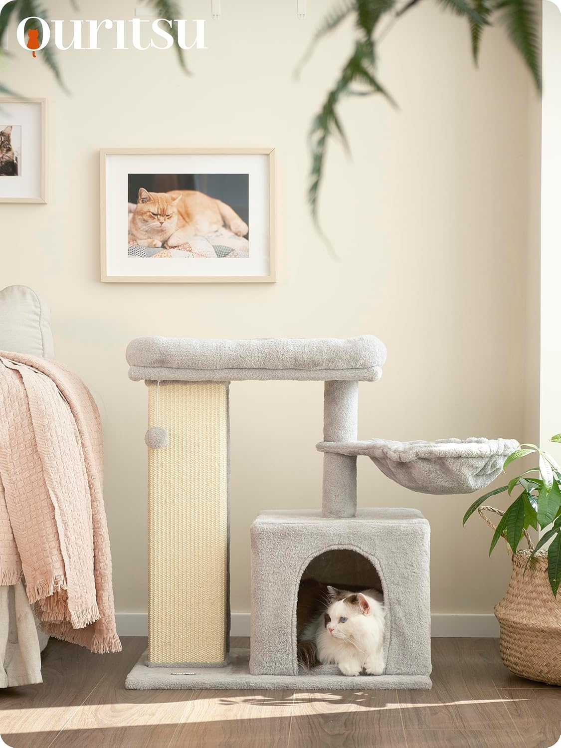 Ouritsu Cat Tree, 27 inch Cat Tower for Large Cat Indoor, Enlarged Condo, 1 Widened Padded Perch, Luxury Tall Scratching Post, Fluffy Basket, Light Gray, MF002GA