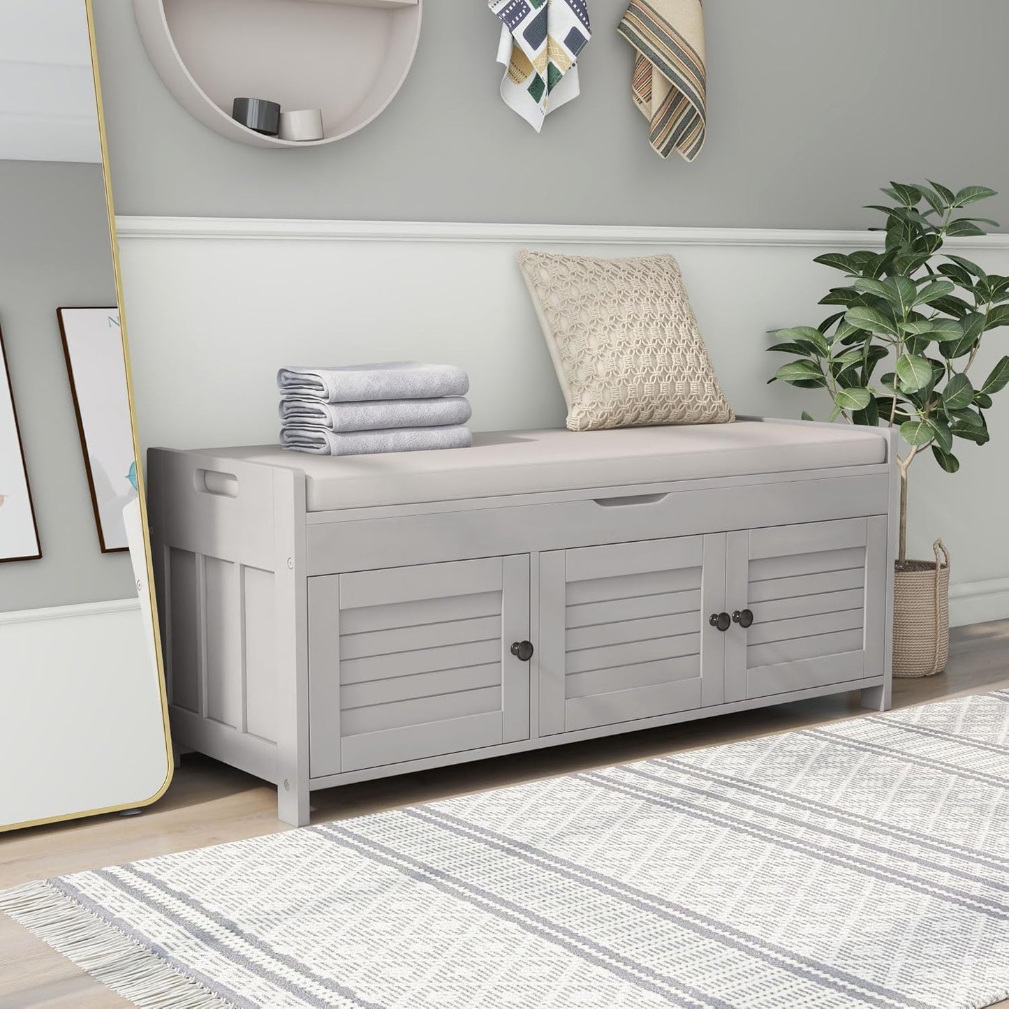 Storage Bench with 3 Shutter-Shaped Doors, Wood Shoe Bench with Removable Cushion and Hidden Storage Space for Entryway, Living Room, Hallway 43.5" L*16" W*18" H (Gray Wash Pine)