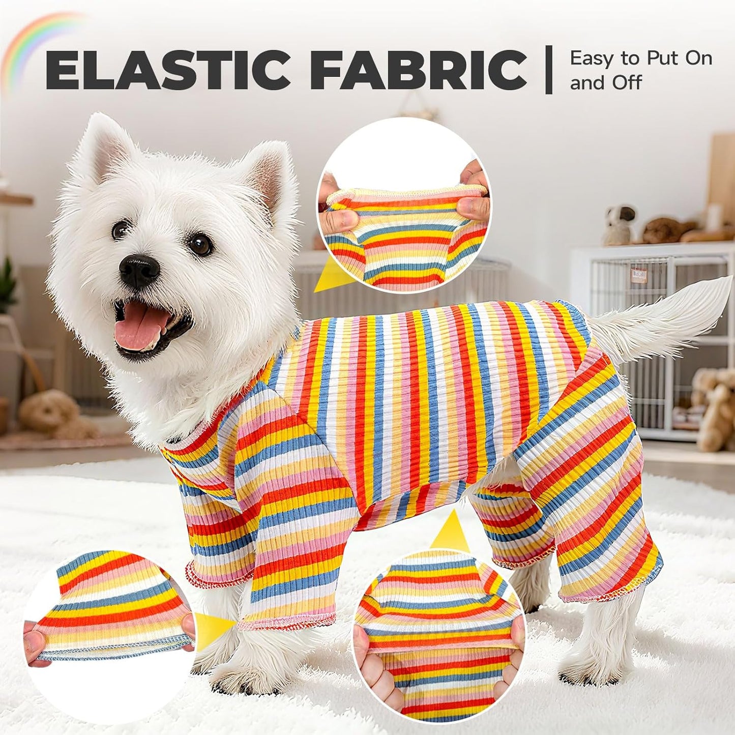 BAEJMJK Striped Dog Pajamas Stretchy Cute Four-Legged Boy Girl Dog Clothes with Sleeves Comfortable Dogs Jumpsuit Colorful Pet Puppy Outfits Apparel for Small Medium Dogs Cats(Yellow,Small)