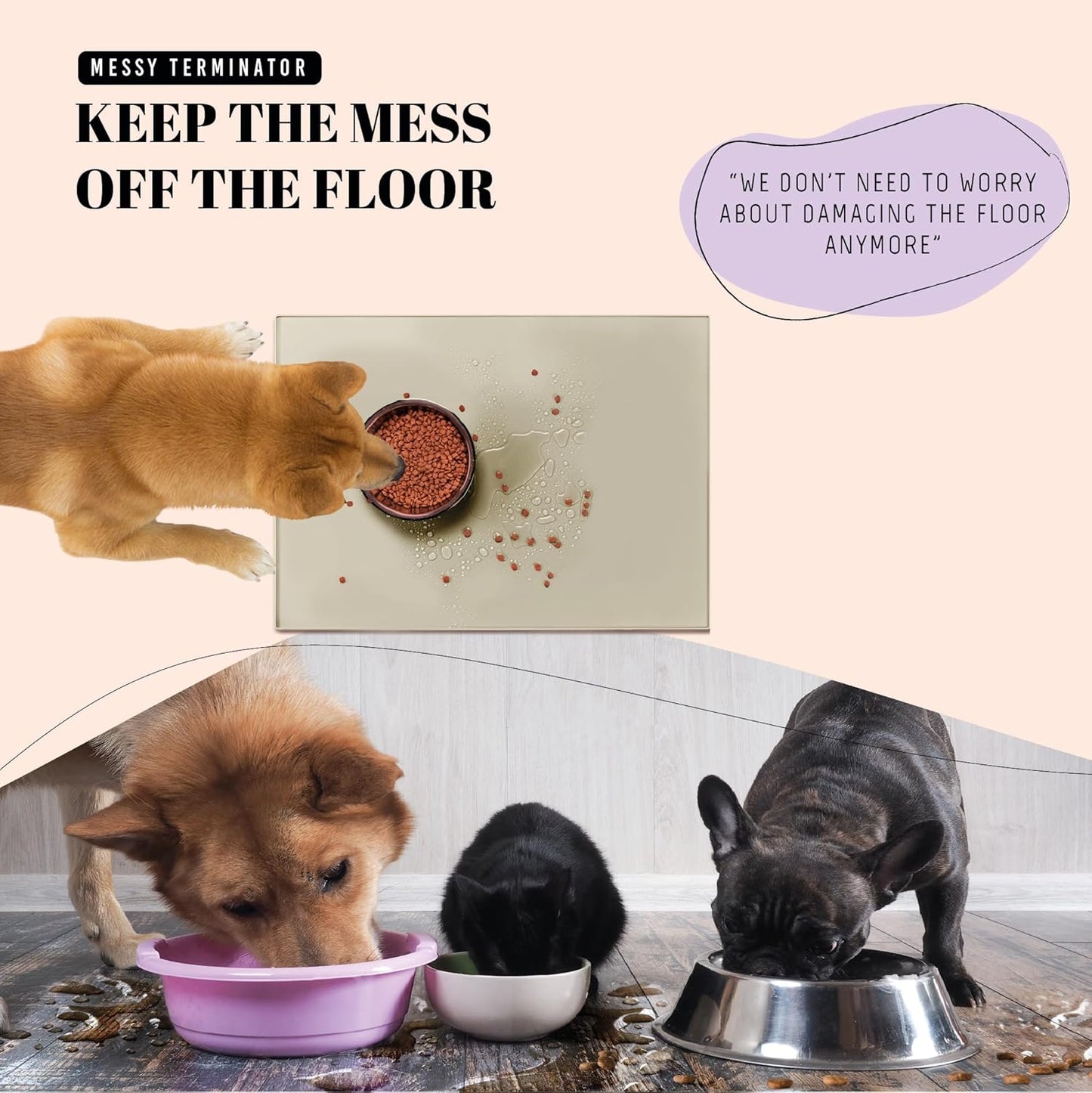 AVERYDAY 23x16'' Silicone Dog Mat for Food and Water, 0.63'' Edge Dog Food Bowl Mats for Floor Waterproof, Dogs Water Mat for Sloppy Drinker, Non Slip Rubber Pet Feeding Mats for Indoor Dogs and Cats