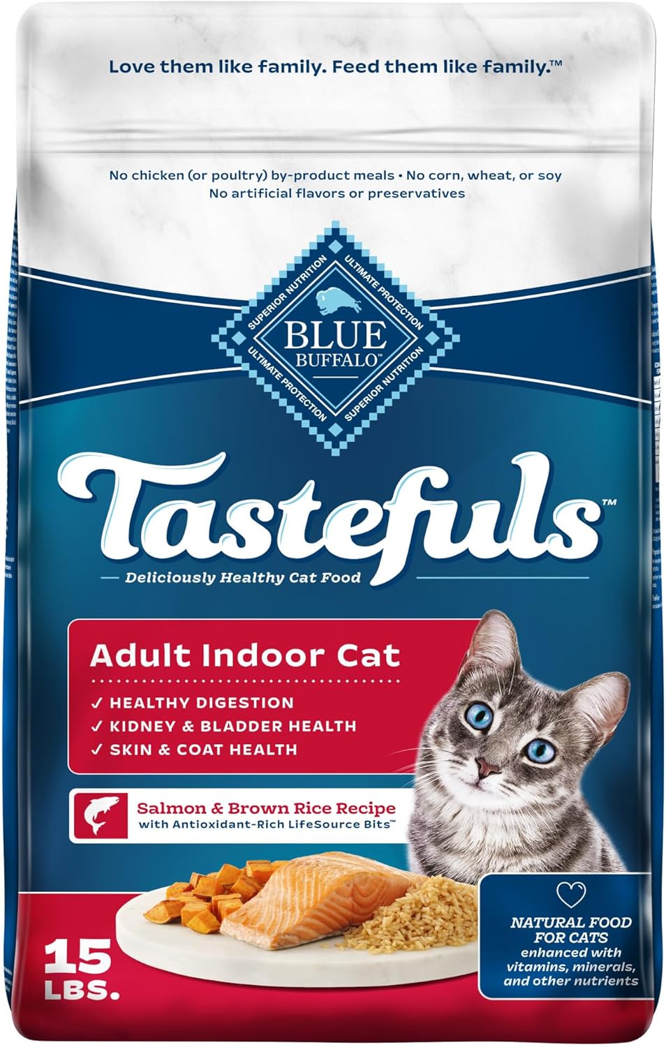 Blue Buffalo Tastefuls Natural Dry Food for Adult Indoor Cats, Salmon & Brown Rice Recipe, 15-lb. Bag