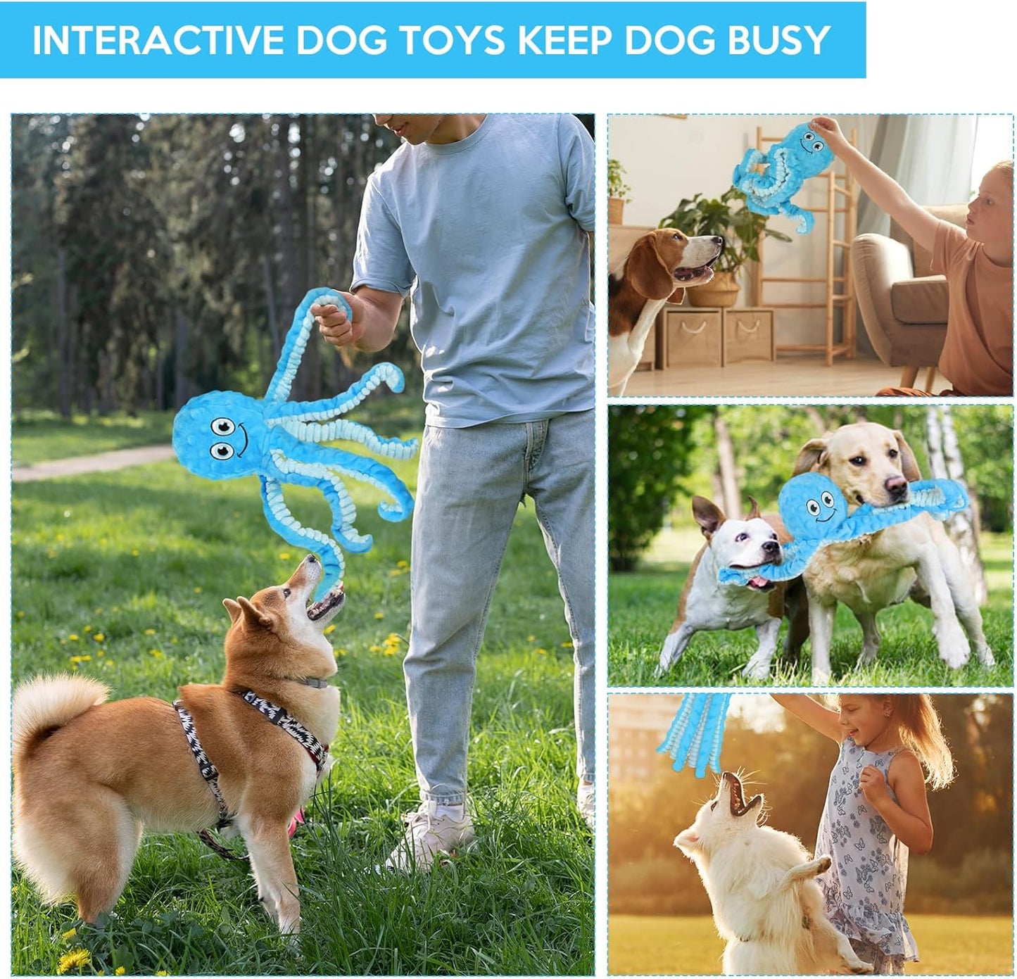 Squeaky Dog Toys Octopus Stuffed Crinkle Toy, Puppy Chew Toys for Teething, Durable Tug of War Interactive Plush Dog Toys for Puppies Small, Medium, and Large Dogs