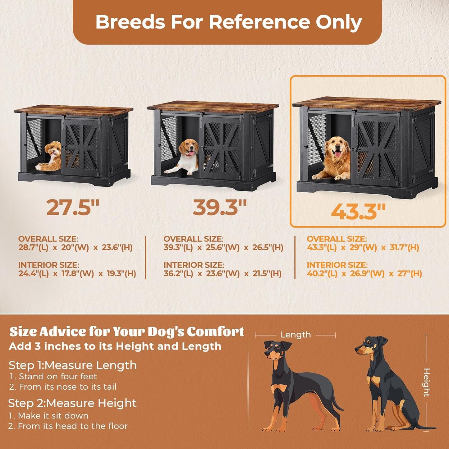 VOPEAK 43.3" XL Dog Crate Furniture, Chew Resistant Dog Crate for Medium Large Dogs, Heavy Duty Extra Large Dog Crate Dog Kennel Indoor with Double Doors, Wooden End Table for Living Room, Black