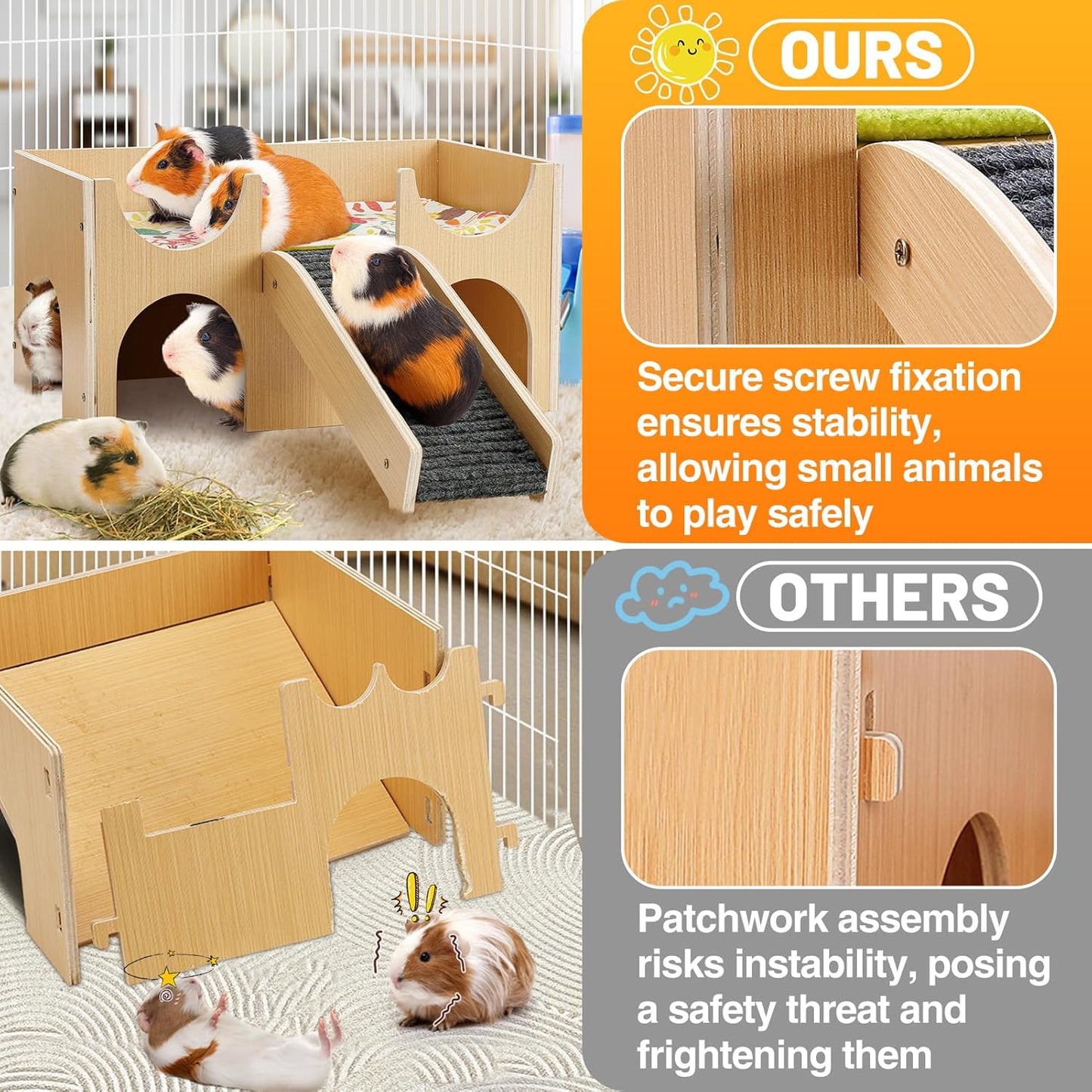 Upgraded Guinea Pig Castle, Sturdy Wooden Guinea Pig Hideout, Small Animal House Bed Hut Habitats with Stairs, Easy to Assemble for Hamsters Bunny Chinchillas Playing Hiding