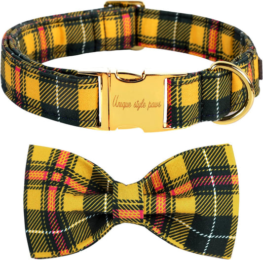 Unique style paws Bowtie Dog Collar Cotton Plaid Collar Adjustable Puppy Collar for Small Medium Large Dogs-L