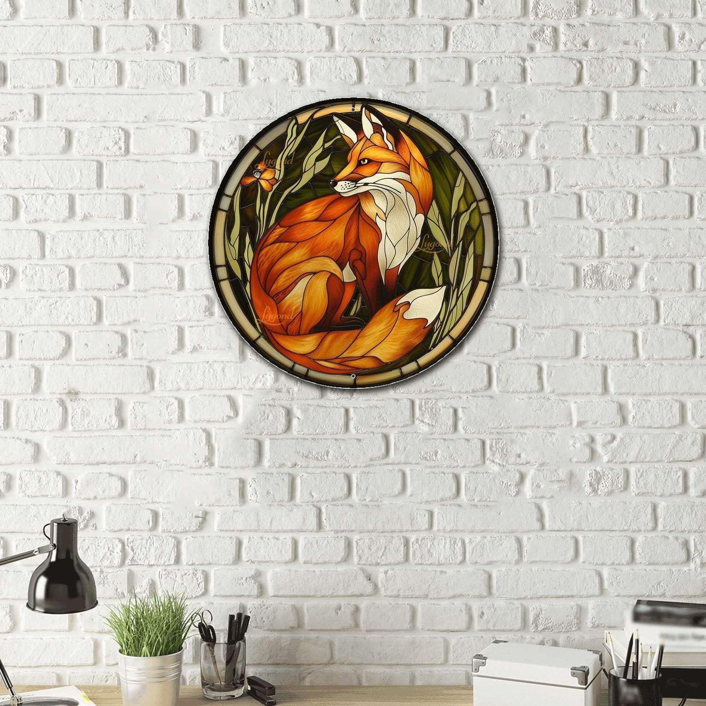 Lygond Metal Sign Tin Sign Circular Stained Glass Red Fox Sign Garden Outside for Patio 12×12 Inches