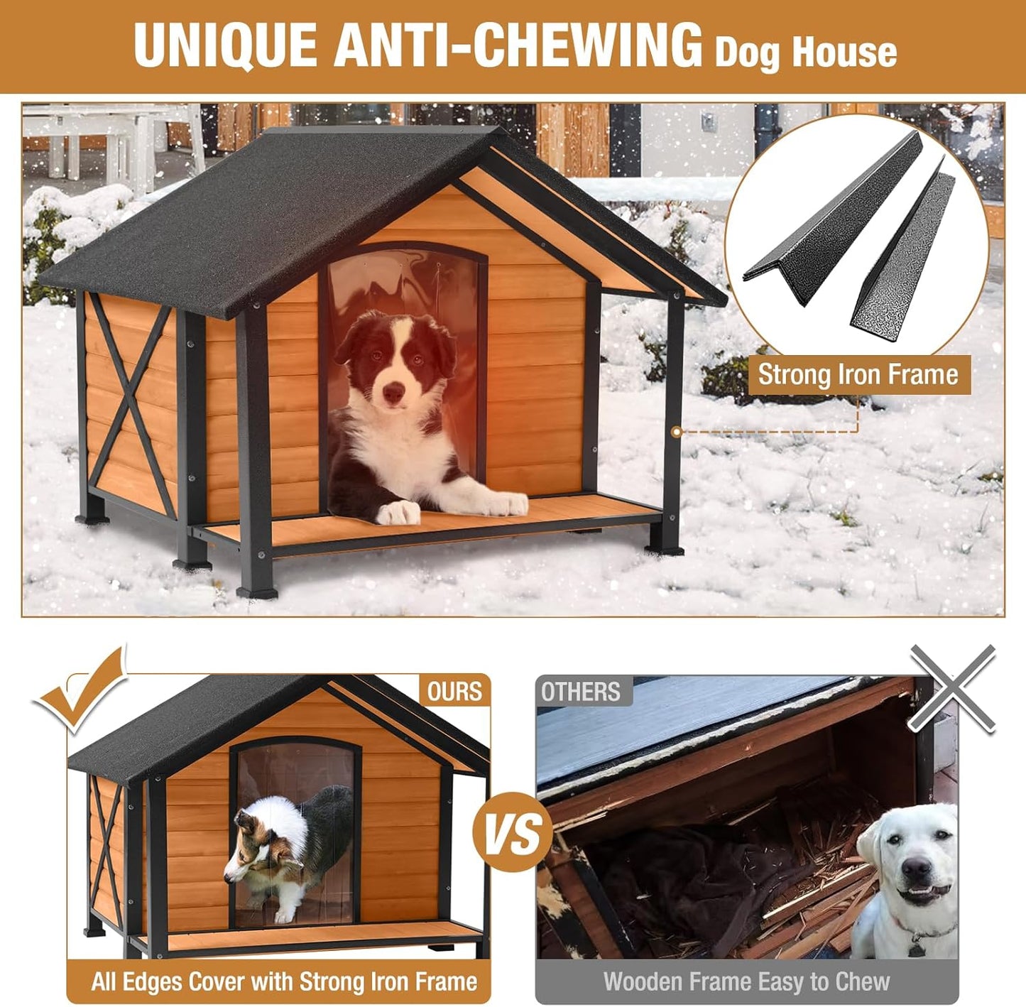 Outdoor Dog House Insulated Large Dog Kennel with Liner for Winter, Heated Dog House 100% Insulated & All-Around Iron Frame