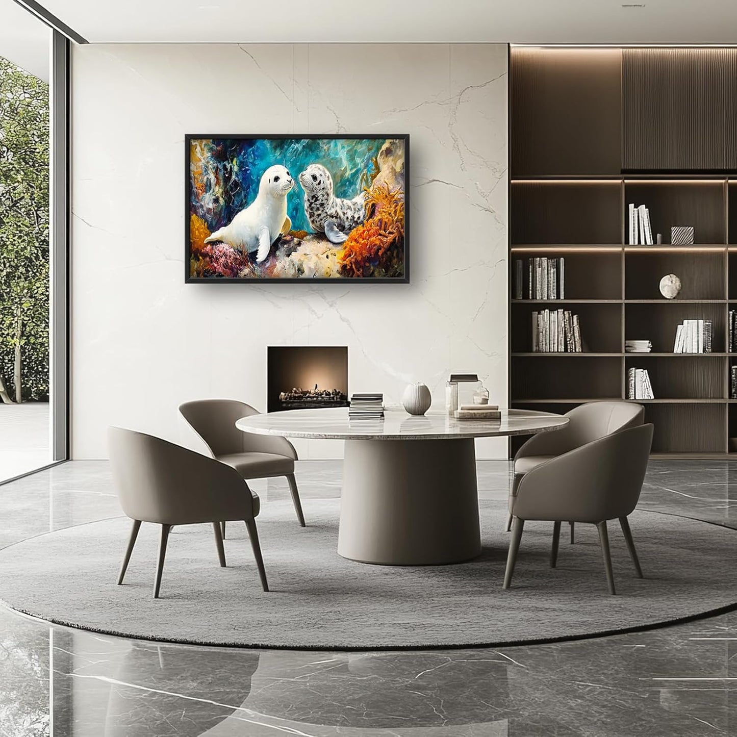 Extra Large Seal Framed Wall Art for Living Room,Oversized Underwater Animal Pictures Wall Decor,Ocean Coral Reef Canvas Print Painting Modern Artwork Bedroom Office Bathroom 36L" x 24W"