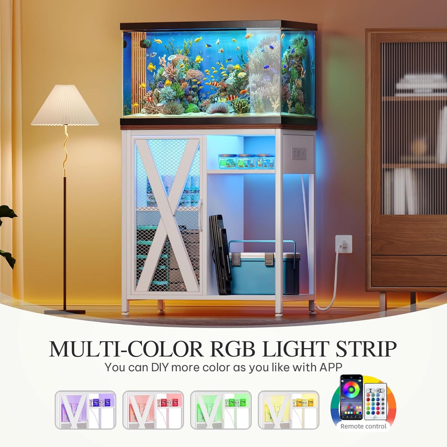 YITAHOME Fish Tank Stand with Power Outlets & LED Light, 20-29 Gallon Metal Aquarium Stand with Cabinet for Fish Tank Accessories Storage for Turtle, Reptile Terrarium, 350LBS Capacity, White