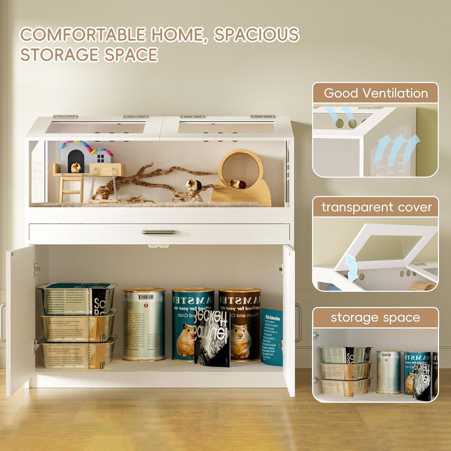 Hamster Cage with Storage Cabinet, Guinea Pig Cage for Small Animals, Large Hamster Cage and Habitat with Easy View Acrylic Panels for Hamster, Rabbit, Guinea Pig, Hedgehog (39"x19"x40")