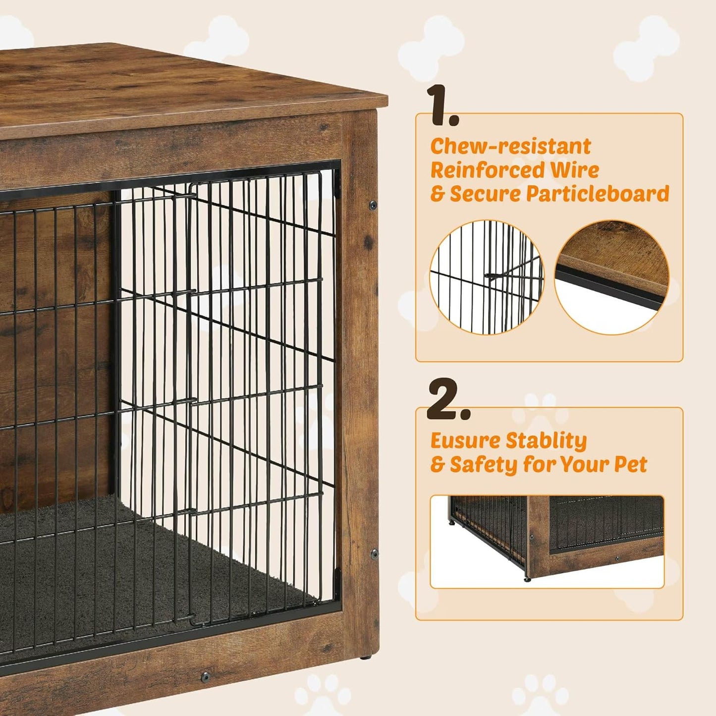 Dog Kennel Furniture, Wooden Dog Crate End Table, Heavy Duty Dog Crate, Decorative Pet Crate Dog Cage for Large Indoor Use (Rustic Brown) 39" L×26" W×27" H