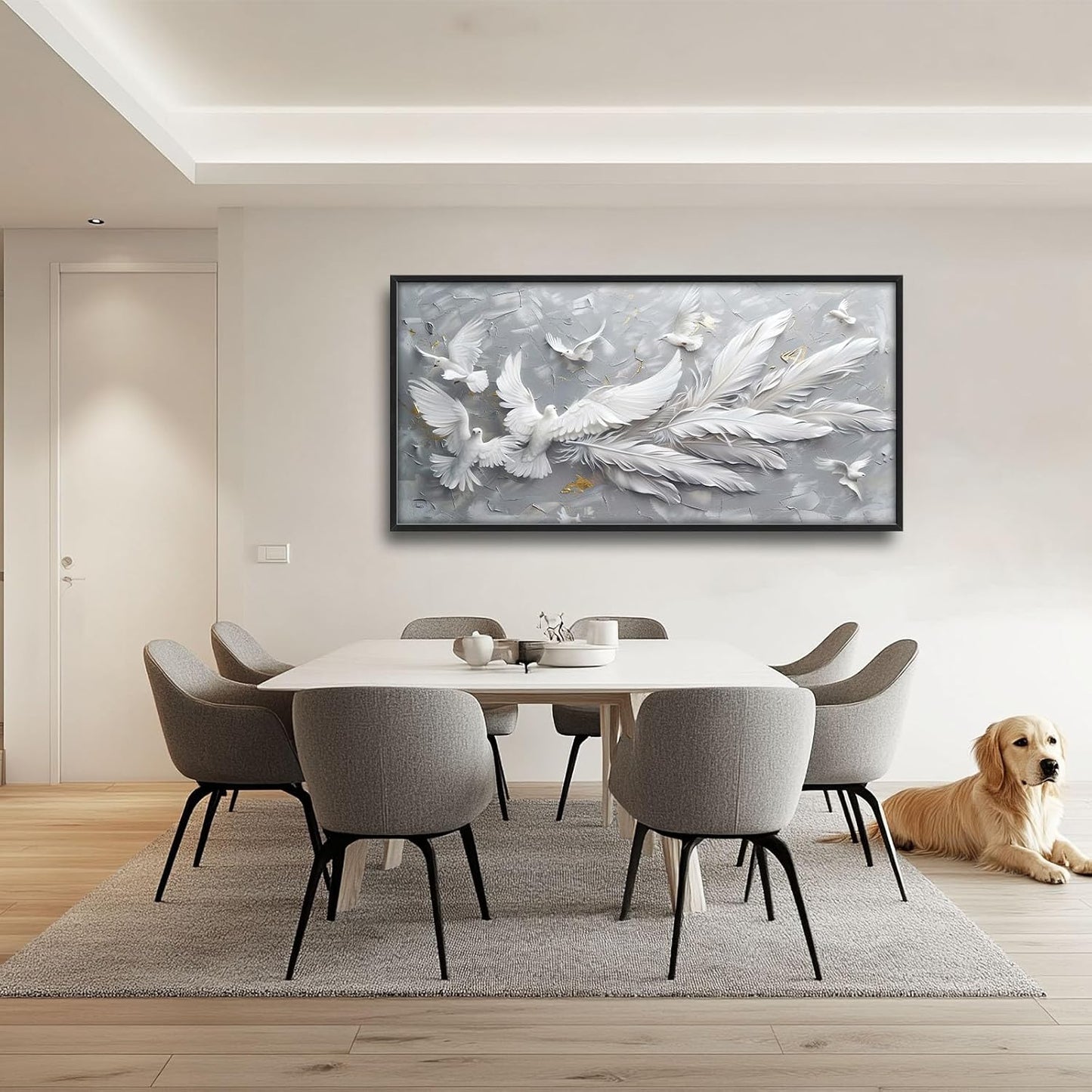 Quorin Feather Dove Bird Large Wall Art White Gray Holy Wings Pictures Peaceful Birds Flying Wall Decor Canvas Print Painting Artwork for Bathroom Living Room Bedroom 60L x 30W