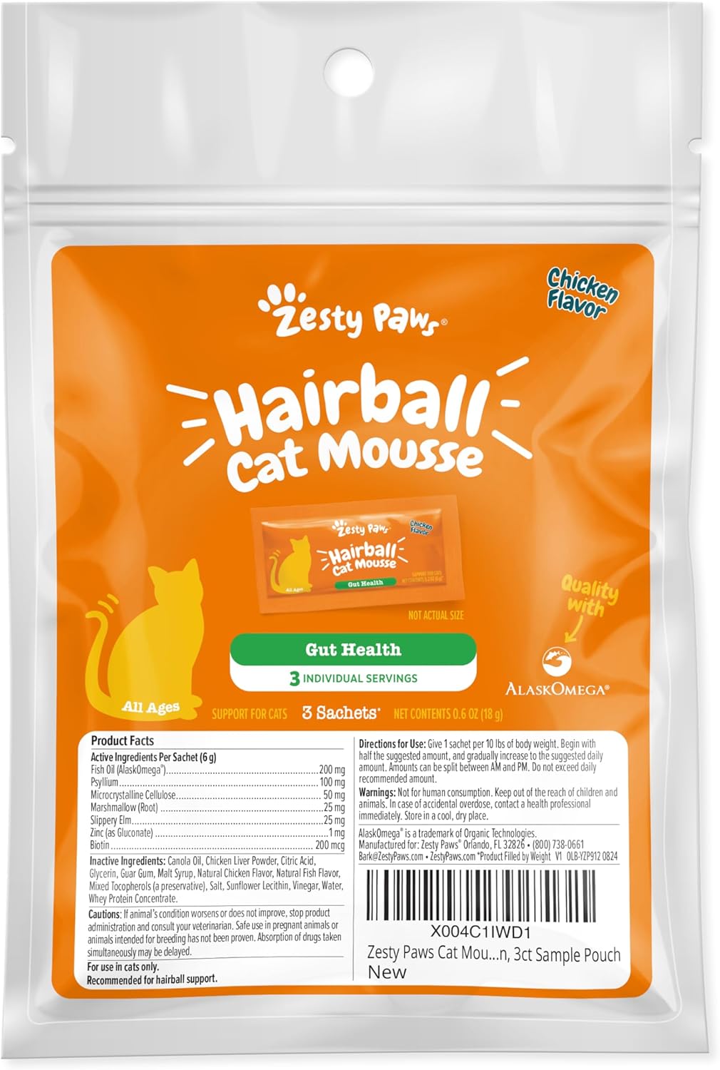 Zesty Paws Hairball Cat Mousse - Lickable Cat Treats Squeeze Up - Squeeze Furball Control - Puree Tube Treats for Digestive Support - Skin & Gut Health - Chicken 3ct