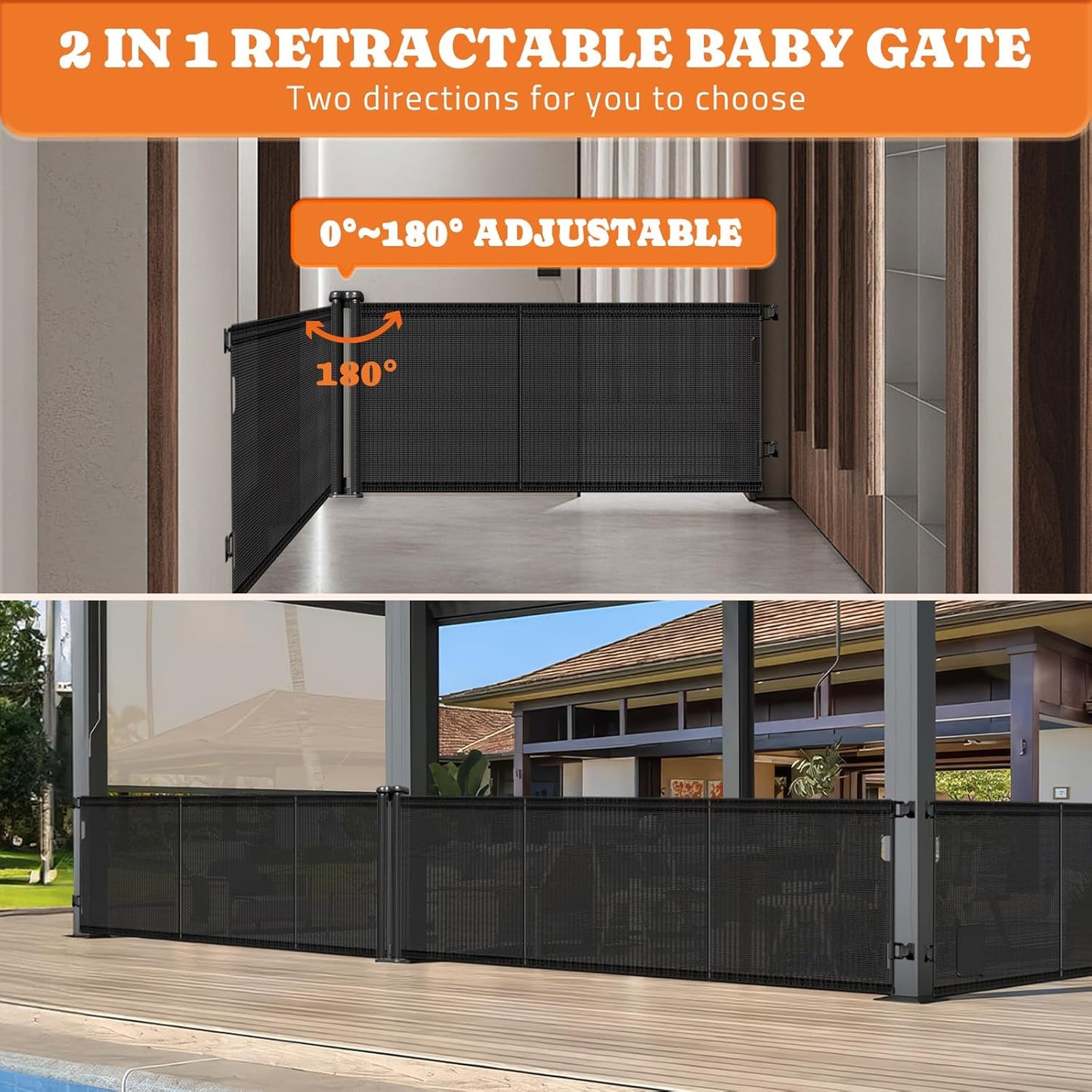 2-in-1 Retractable Baby Gates, 41" Tall Mesh Dog Gate 1-Pack, One Side Up to 200" Wide, Total 400" Wide, Long Retractable Pet Gate for Yard Swimming Pool Garage Indoor Outdoor-Black