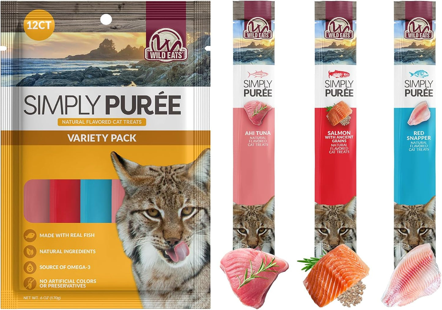 Lickable Cat Treats Exotic Fish Variety Pack 12ct - Ahi Tuna, Wild Pink Salmon, Red Snapper - Puree Bisque