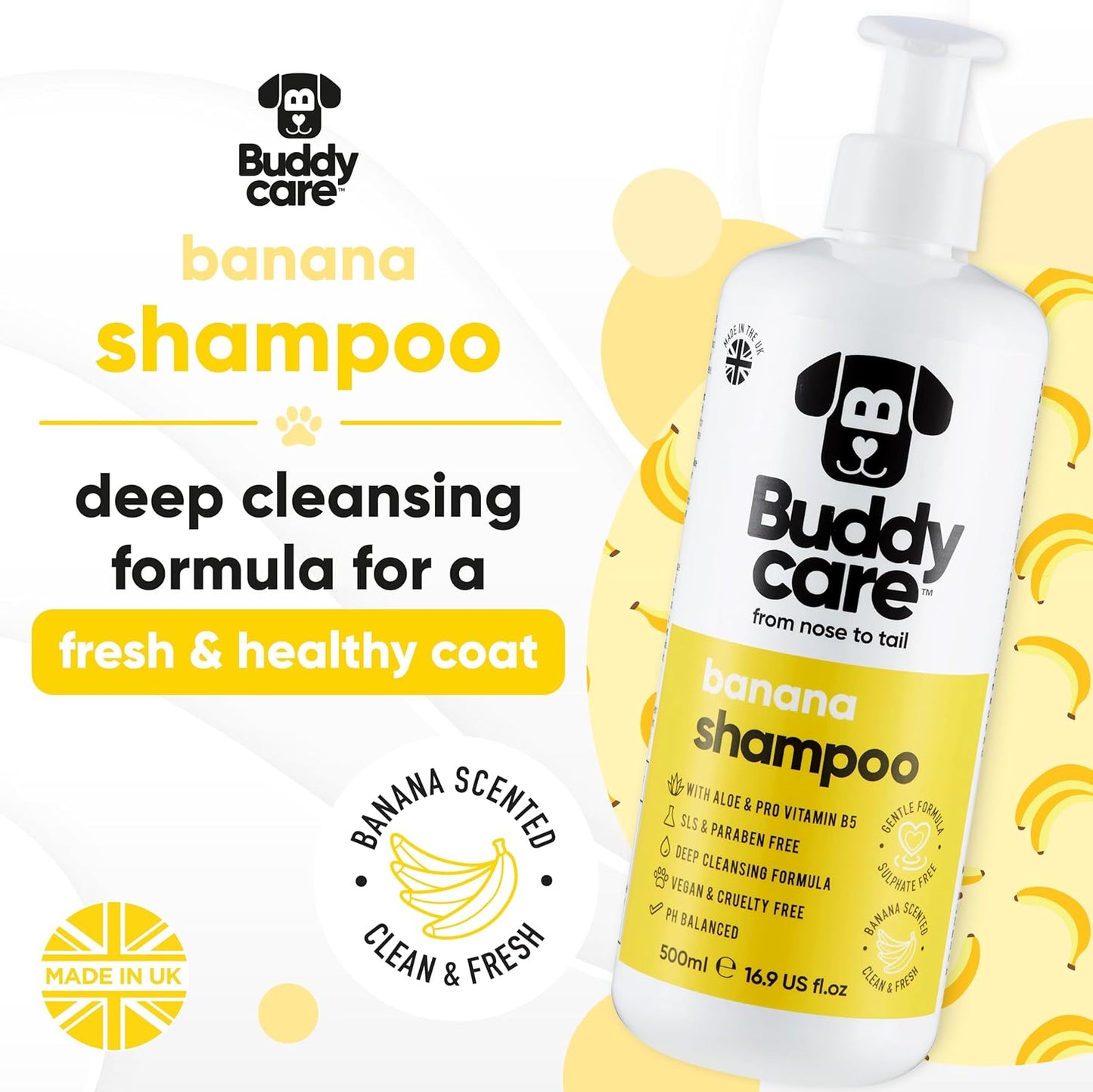 Banana Dog Shampoo by Buddycare | Deep Cleansing Shampoo for Dogs | Banana Scented | with Aloe Vera and Pro Vitamin B5 (16.9oz)