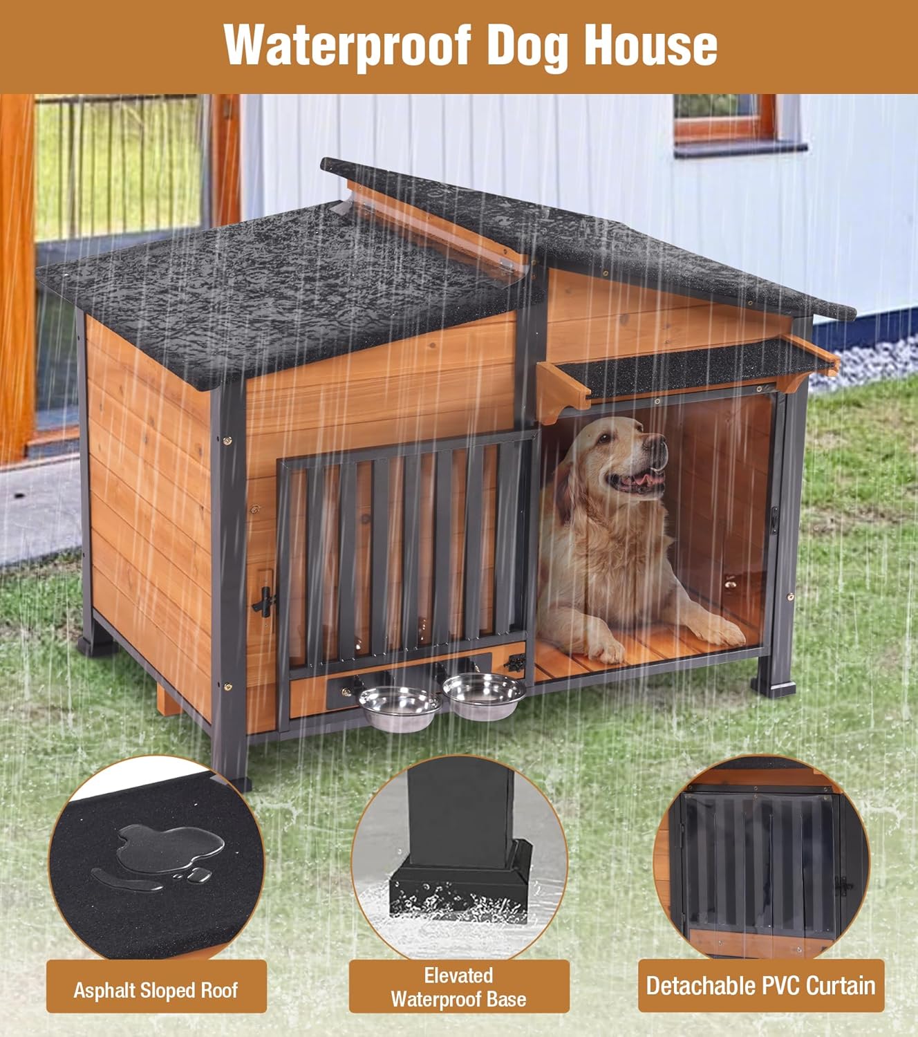 GUTINNEEN Dog House Outdoor with Anti-Chewing Metal Frame, Wooden Dog Kennel with 360° Rotating Feeding Bowl, Weatherproof Roof, for Indoor & Outdoor Use - Natural Wood Color