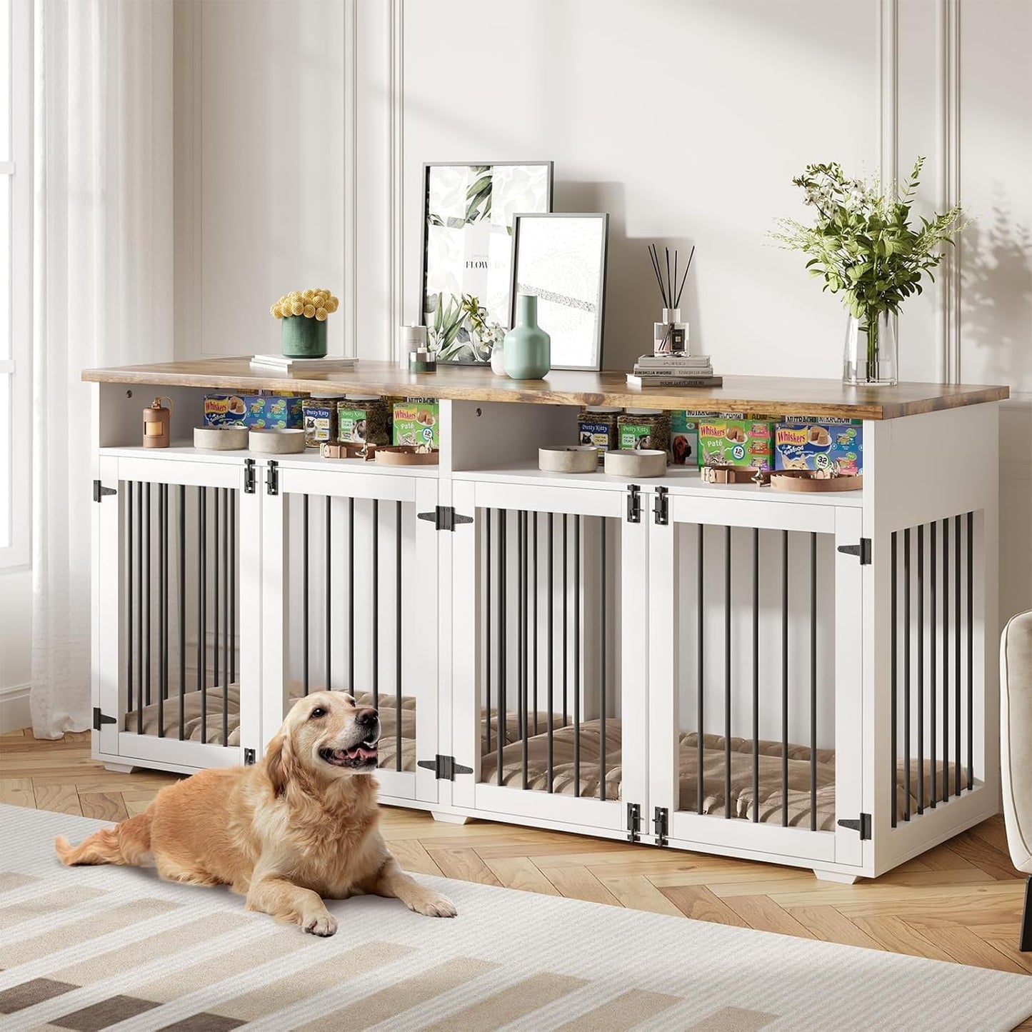 72'' Dog Crate Furniture for 2 Dogs, Wooden Dog Cage with Storage Compartment, Indoor Dog Kennel with 4 Doors for Large/Medium Dogs, White