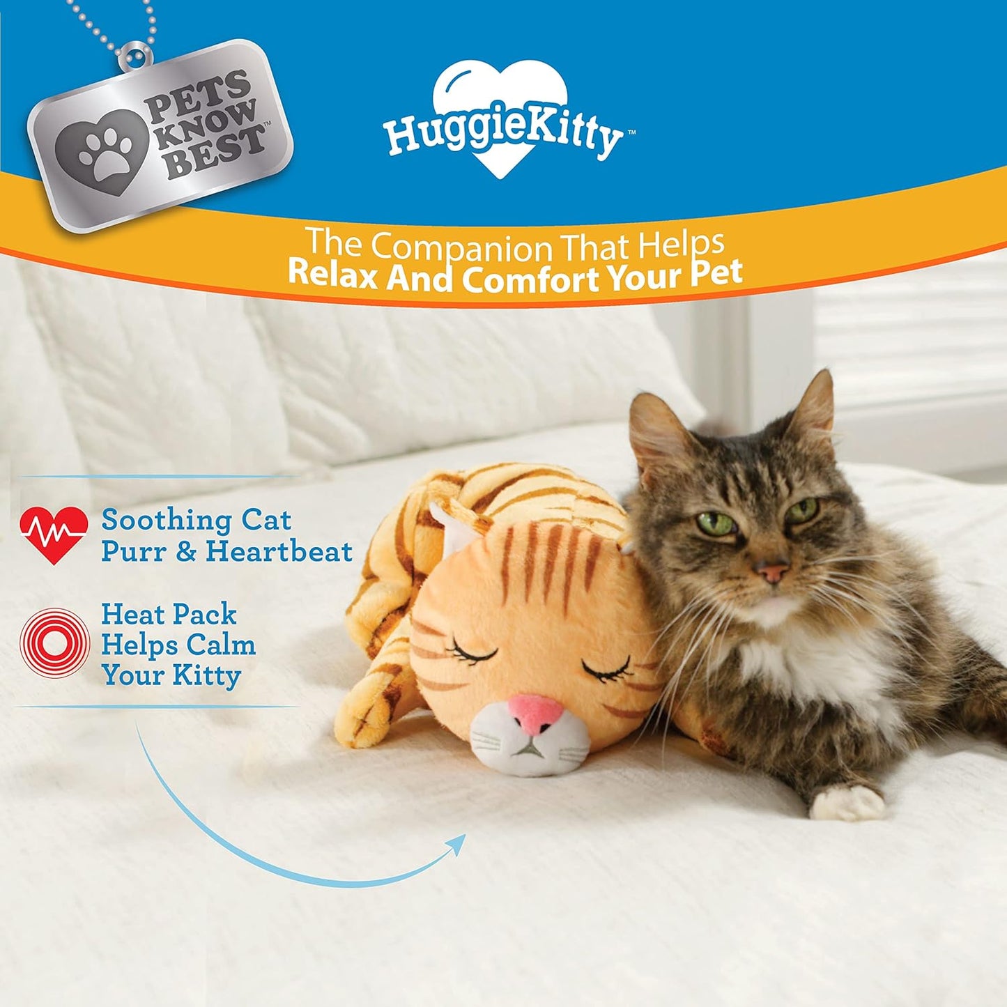 Pets Know Best HuggieKitty | Comfort Purring Companion with Heartbeat Sleep Aide for Cats & Kittens, Heating for Calming Relief, Carrier & Behavioral Training Essential, Breeds, Orange