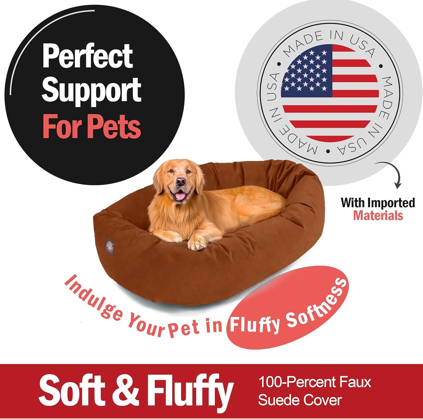 Majestic Pet 40 Inch Suede Shredded Memory Foam Mix Calming Large Dog Bed Washable 40 x 29 x 9 (Inch) - Cozy Soft Round Donut Dog Bed with Spine for Head Support - Pet Bed Rust