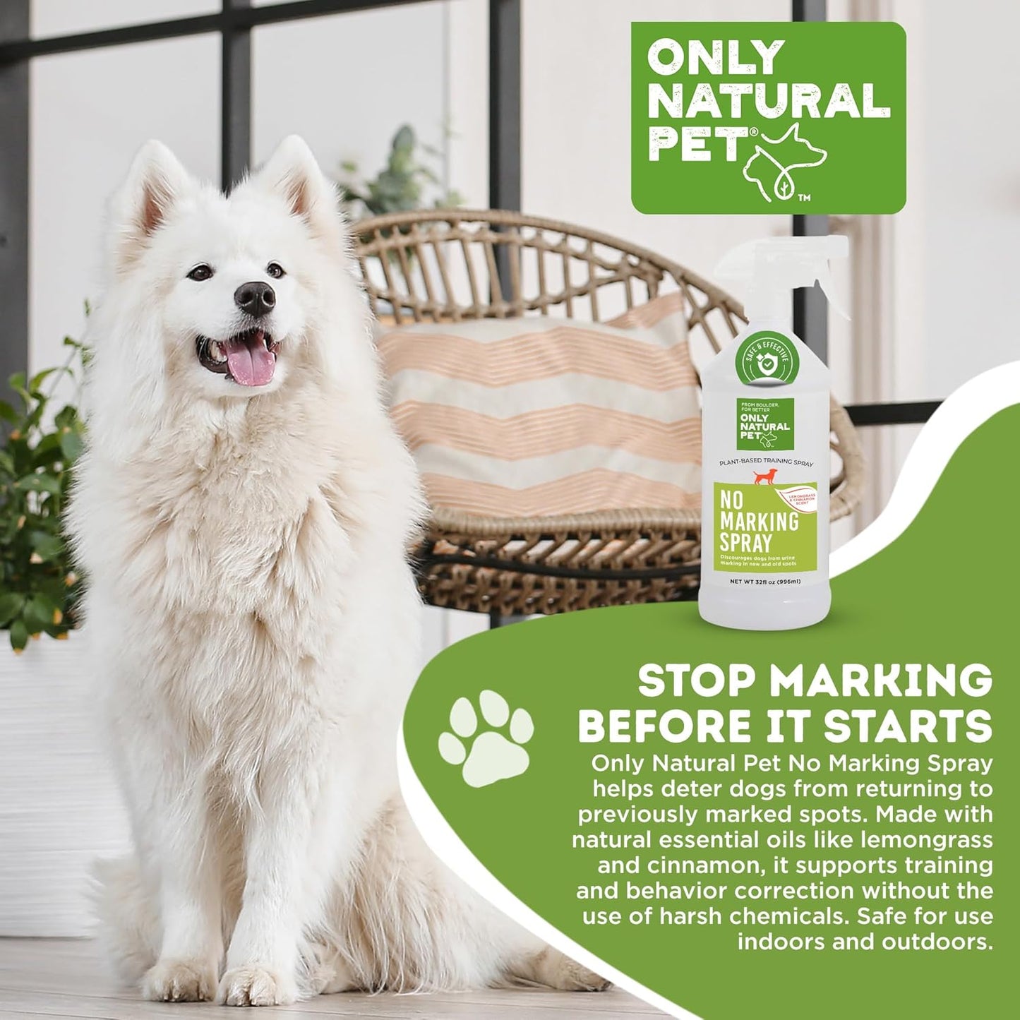 ONLY NATURAL PET No Marking Deterrent Spray for Dogs – Indoor Outdoor Urine Prevention - Stain & Odor Eliminator - Potty Pet Training Aid to Deter Peeing or Marking Carpet or Furniture – 32 Fl Oz