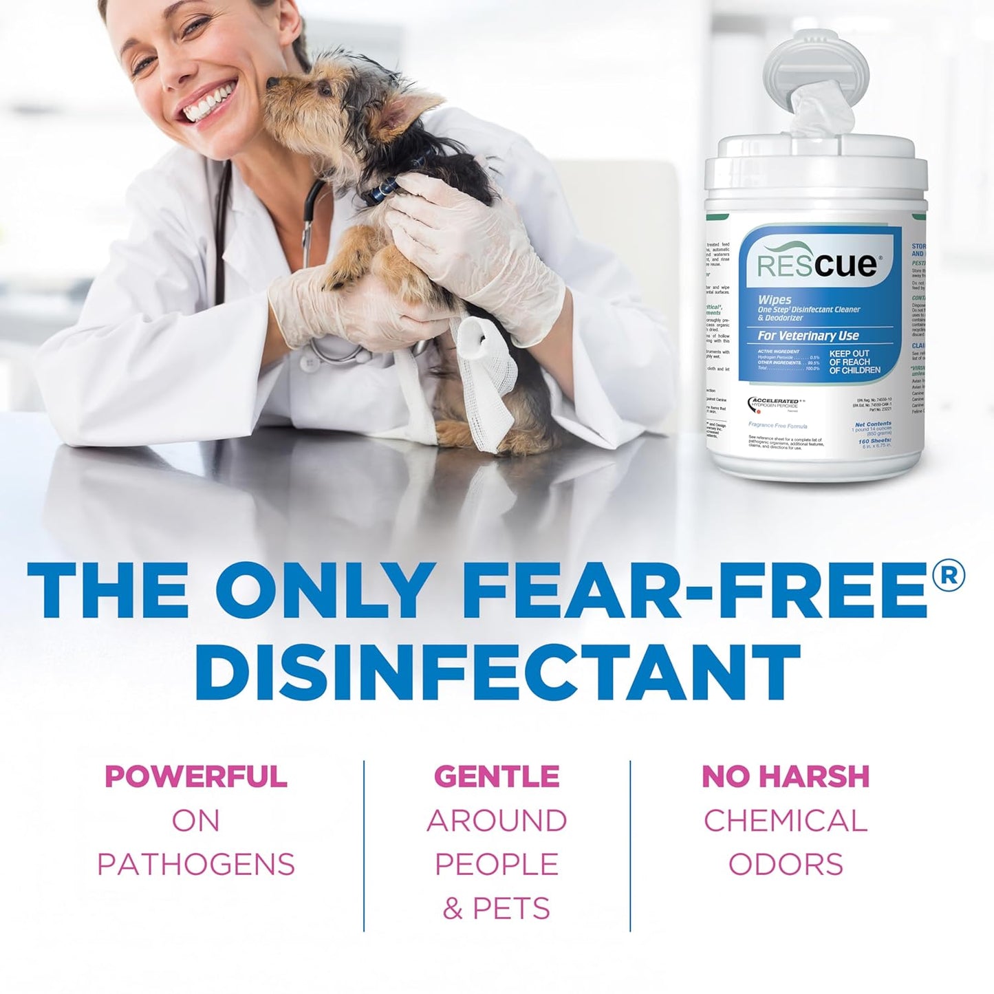 REScue One-Step Disinfectant Cleaner & Deodorizer Wipes for Vet Use – Cleaner for Kennels, Litter Boxes, Vet Offices, Pet Grooming Surfaces, Pet Boarding – Wipes Canister Refill, 160 Count (6 Pack)