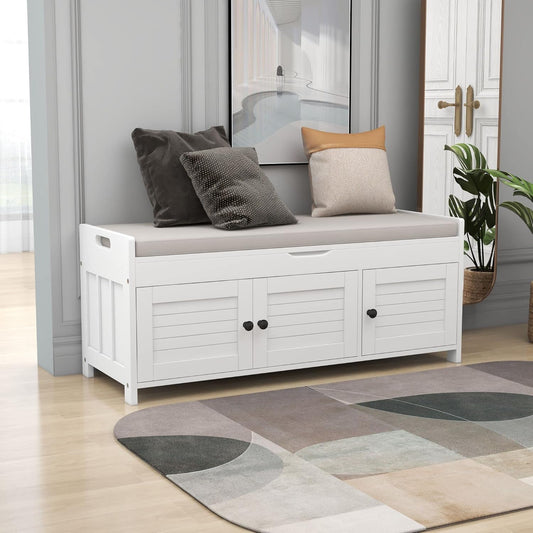 Storage Bench with 3 Shutter-Shaped Doors, Pine Wood Shoe Bench with Removable Cushion and Hidden Storage Space for Living Room, Entryway 43.5" L x 16" W x 18" H (White)