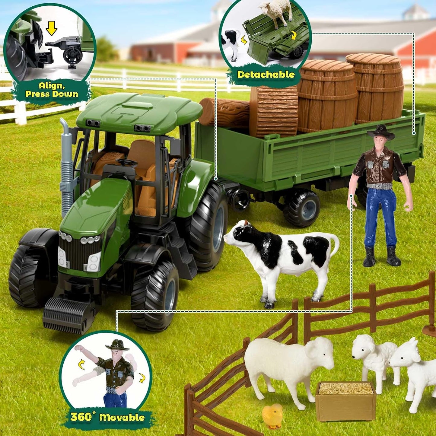 Remote Control Tractor with Trailer - Farm Toys Set Including Animals, Fruits, Vegetables, and Farmer Figures, Toddlers Farm Vehicle Toys for 3 4 5 6 7 8 9 Year Old Boys Girls Birthday Gifts