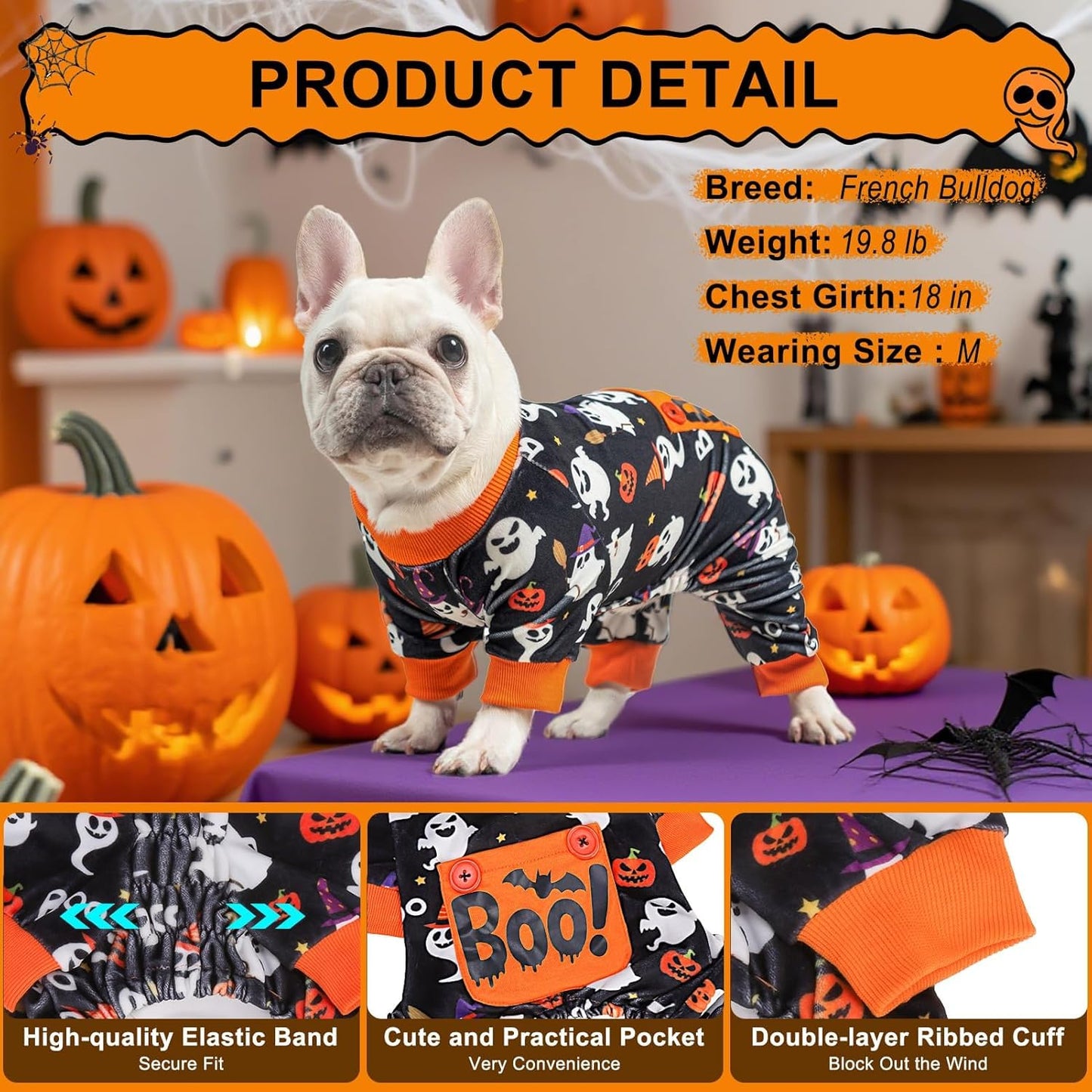 BEAUTYZOO Dog Halloween Pajamas Small Sized Dog, Fleece Funny Ghost Pumpkin Costumes for Dogs, Soft Stretchable Doggy Onesie with Feet, Pet Apparel Clothes for Small Dogs Boy Girl, Black S
