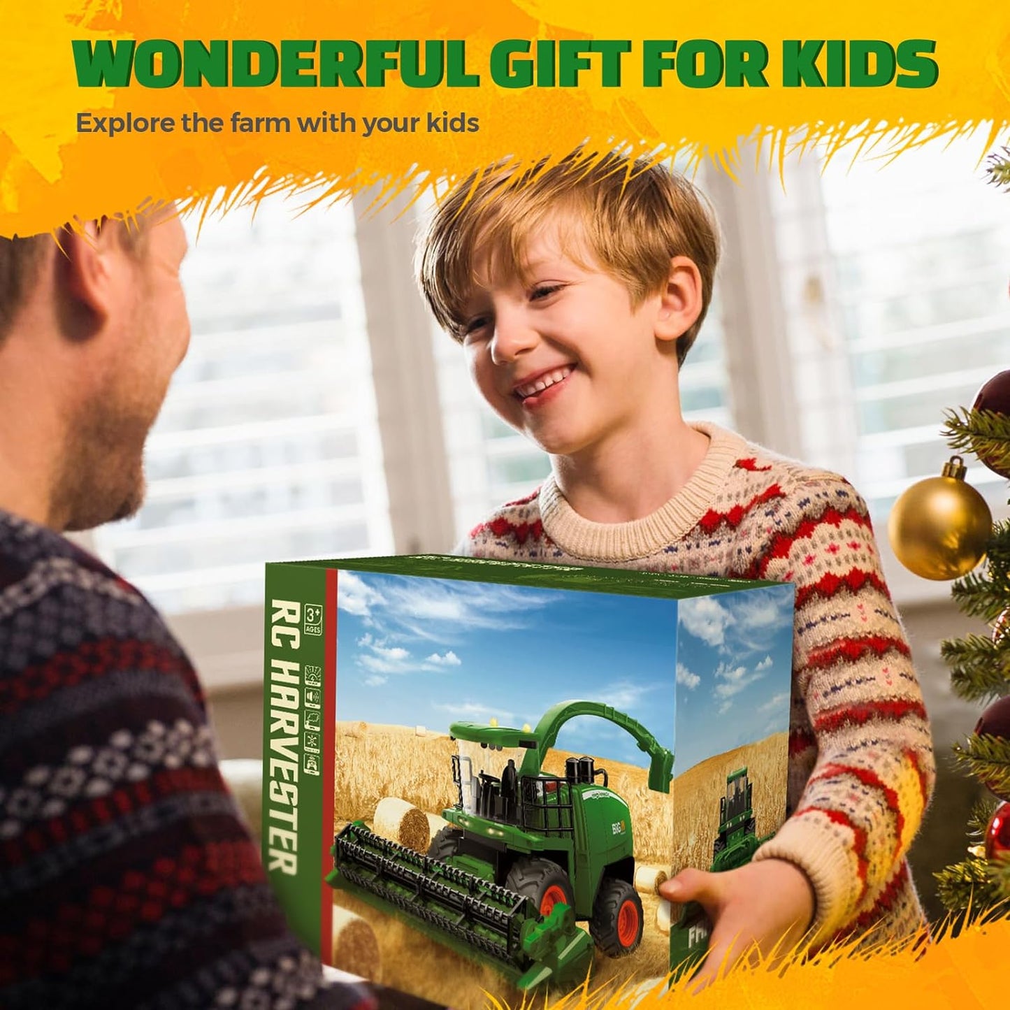 Remote Control Combine Harvester Tractor Toy, 1/24 Scale RC Harvester Toys for Kids with 2 Grian Heads/2 Rechargeable Batteries/Light, Farm Toys for 4 5 6 7 8 9 Year Old Boys Birthday Gift