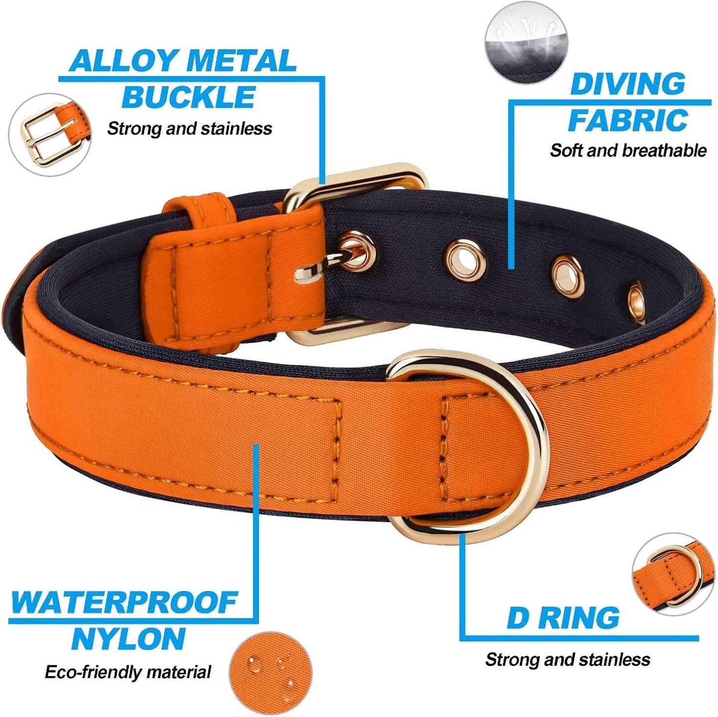 Didog Soft Padded Dog Collars for Small Dogs, Lightweight and Breathable Dog Collar with Metal Buckle for Puppy, Orange, S