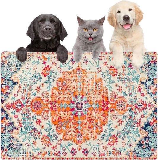 Large Boho Dog Cat Food Mats for Floors, Absorbent Dog Bowl Mat for Food and Water Dispenser Mat, Quick Dry Pet Supplies(Vintage Orange, 36'' x 16'')