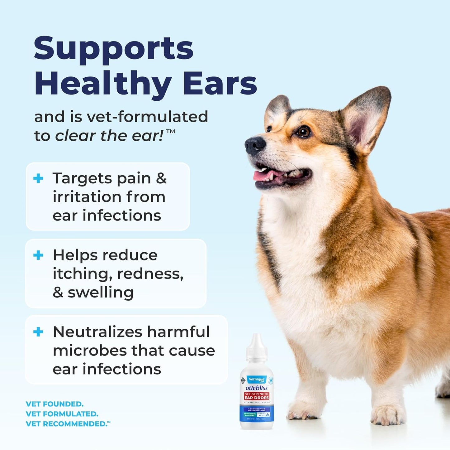 Vetnique Oticbliss Cat & Dog Ear Infection Treatment Drops - with 1% Hydrocortisone & MicroSilver BG for Dog Ear Infections - Vet Recommended Cat & Dog Ear Cleaner for Itchy Ear Relief